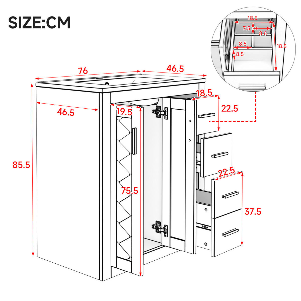 WASCHTISCHKOMBI,WASCHBECKENUNTERSCHRANK mit Keramikbecken 4 Schubladen - Schwarz, Holz/Metall (76/85/46cm) - PARAFTA HOME