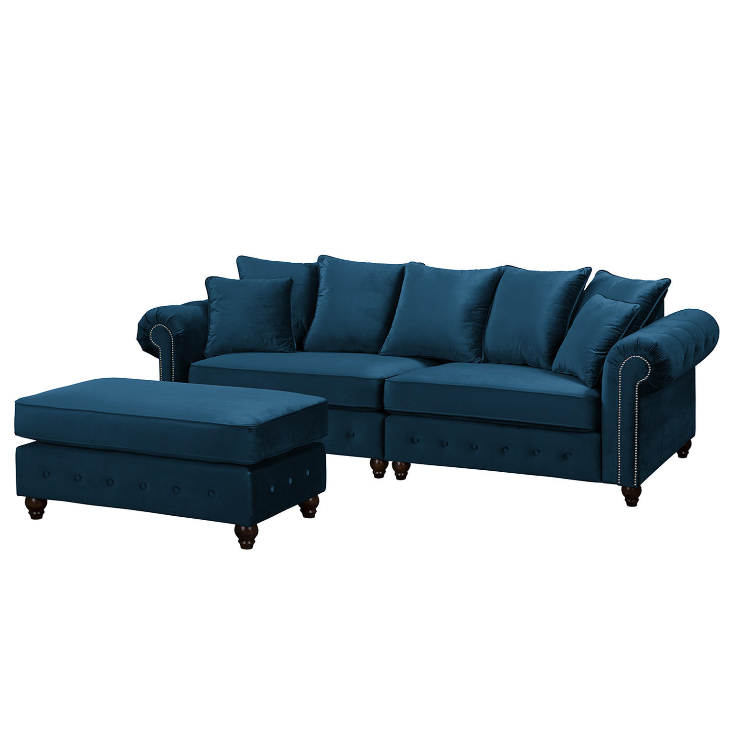 BIGSOFA - Samt - Silberfarben/Dunkelblau, Buchenholz/Textil (260/90/93cm) - home24