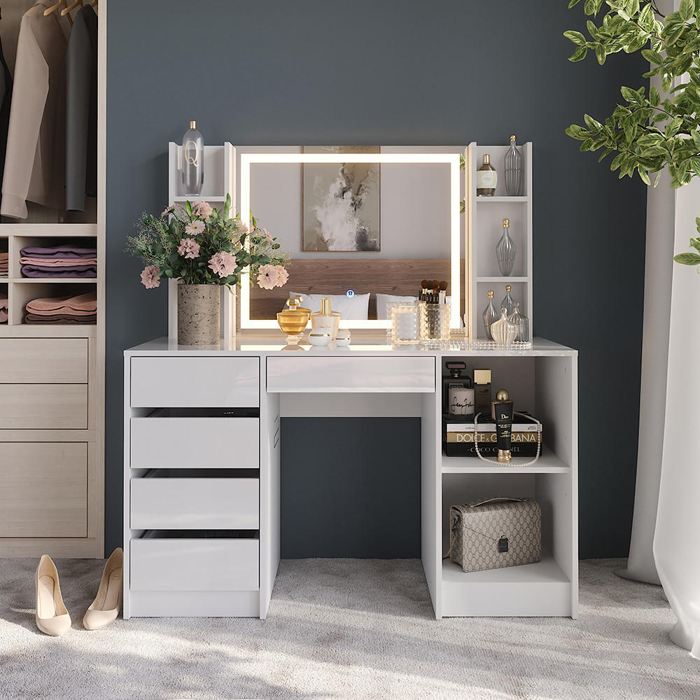 Thumbnail - Vicco Schminktisch, Weiß Hochglanz, Weiß Hochglanz, Holzwerkstoff, Rechteckig, 128.2x76x50.1 cm, Schlafzimmer, Schminkti...