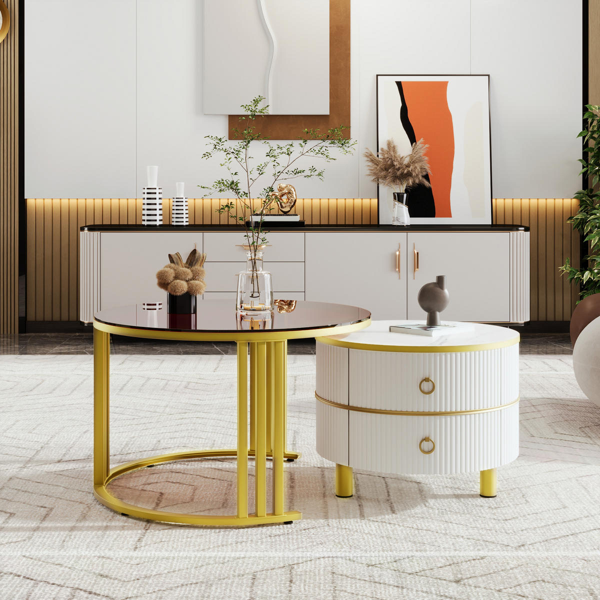 COUCHTISCH DE-023 DuoGlass Weiß/Gold 2-tlg. - Weiß, Holzwerkstoff (70/70/45cm) - ComfortXL