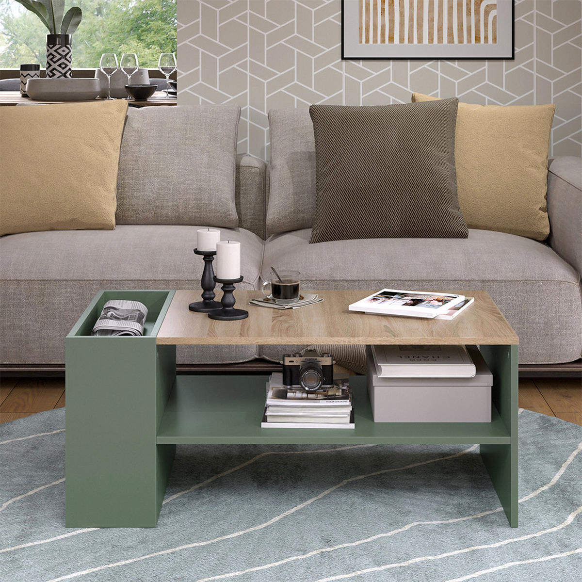 COUCHTISCH Wido Grün 100 x 55 cm mit Regalen - Grün/Sonoma Eiche, Holzwerkstoff (55/100/42cm) - Vicco