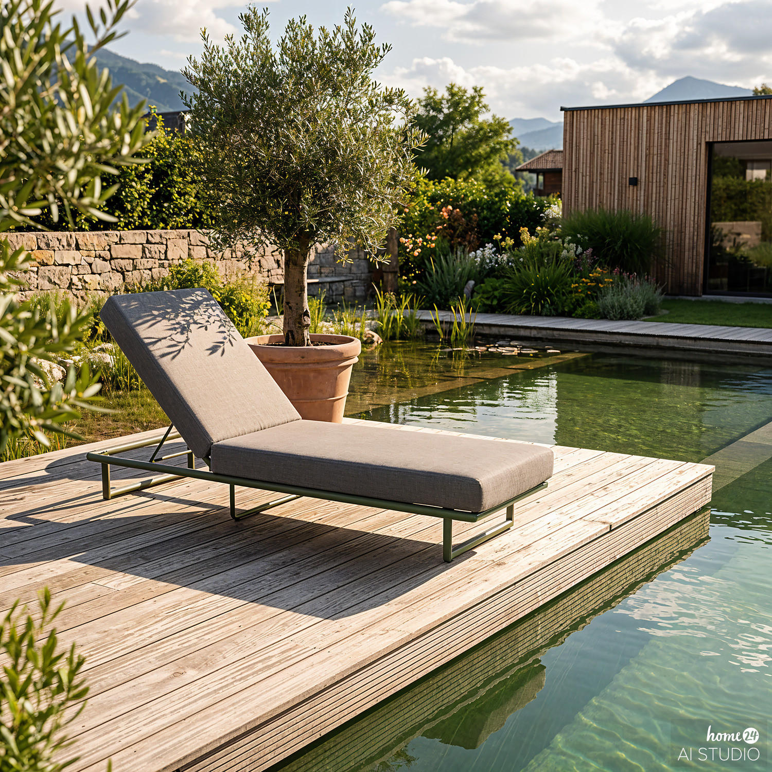 GARTENLIEGE - Stahl / Olefin - Grün / Grau - Grau, Textil/Metall (65/36/200cm) - home24