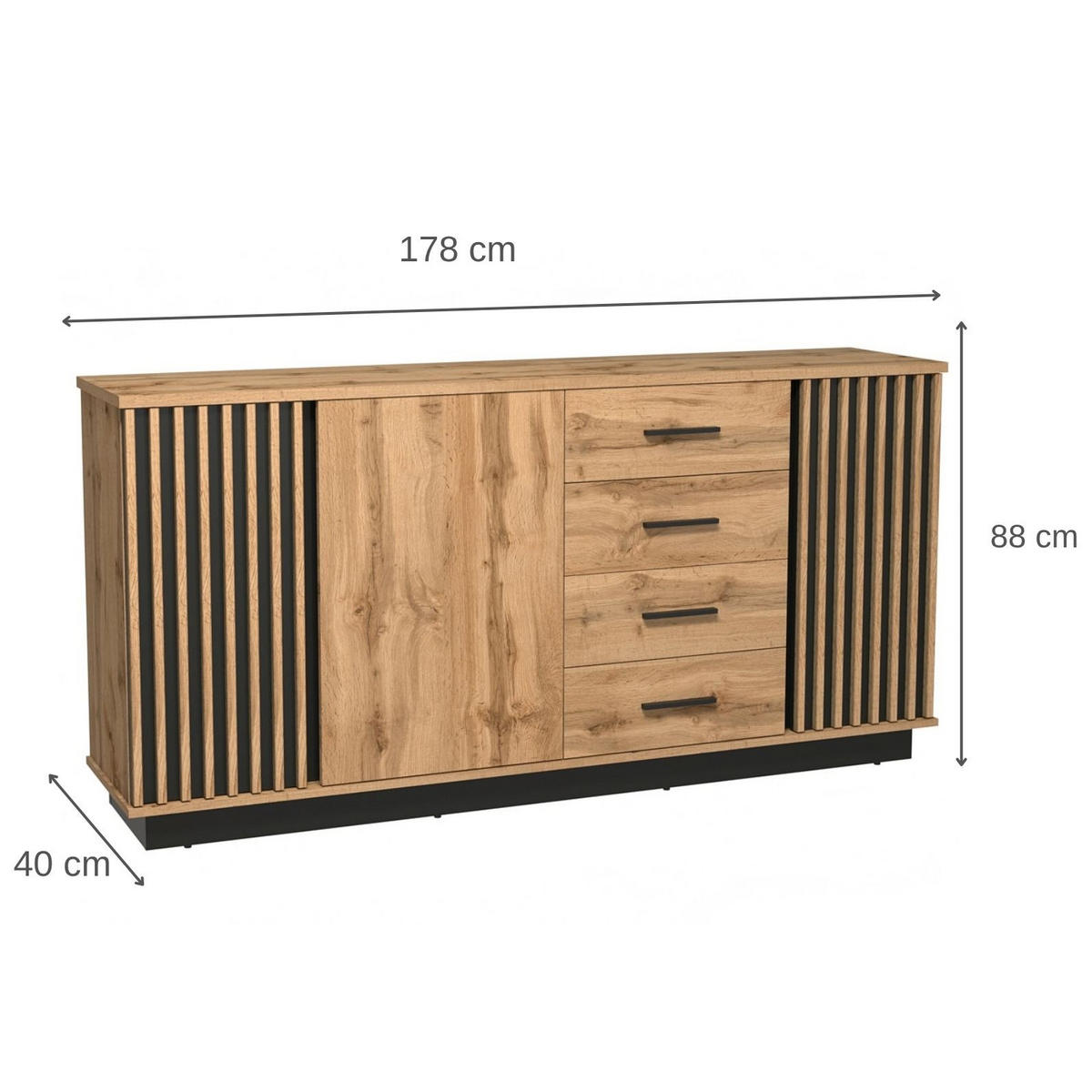 KOMMODE Lamelo mit 3 Türen und 4 Schubladen, Lamellenfront, 180 cm, Eiche Wotan - Eiche Wotan, Holzwerkstoff (178/88/40cm) - Beautysofa