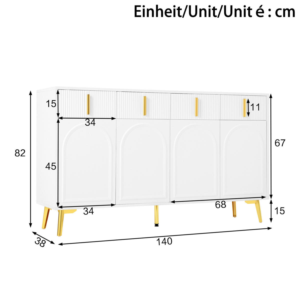 KOMMODE aus MDF 140x38x82cm in Weiß mit 4 Türen & 4 Schubladen - Weiß, Holzwerkstoff (140/82/38cm) - Modfu