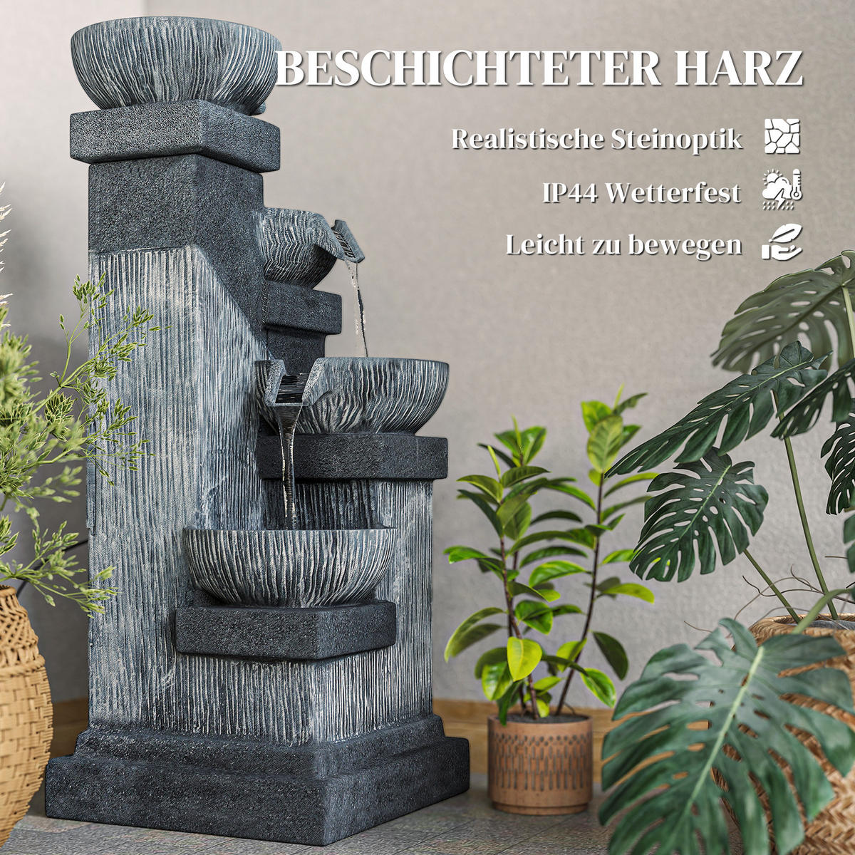 ZIERBRUNNEN DE-10204 4-stufiger Wasserfall mit LED-Beleuchtung Grau - Grau, Kunststoff (38/36/85cm) - ComfortXL