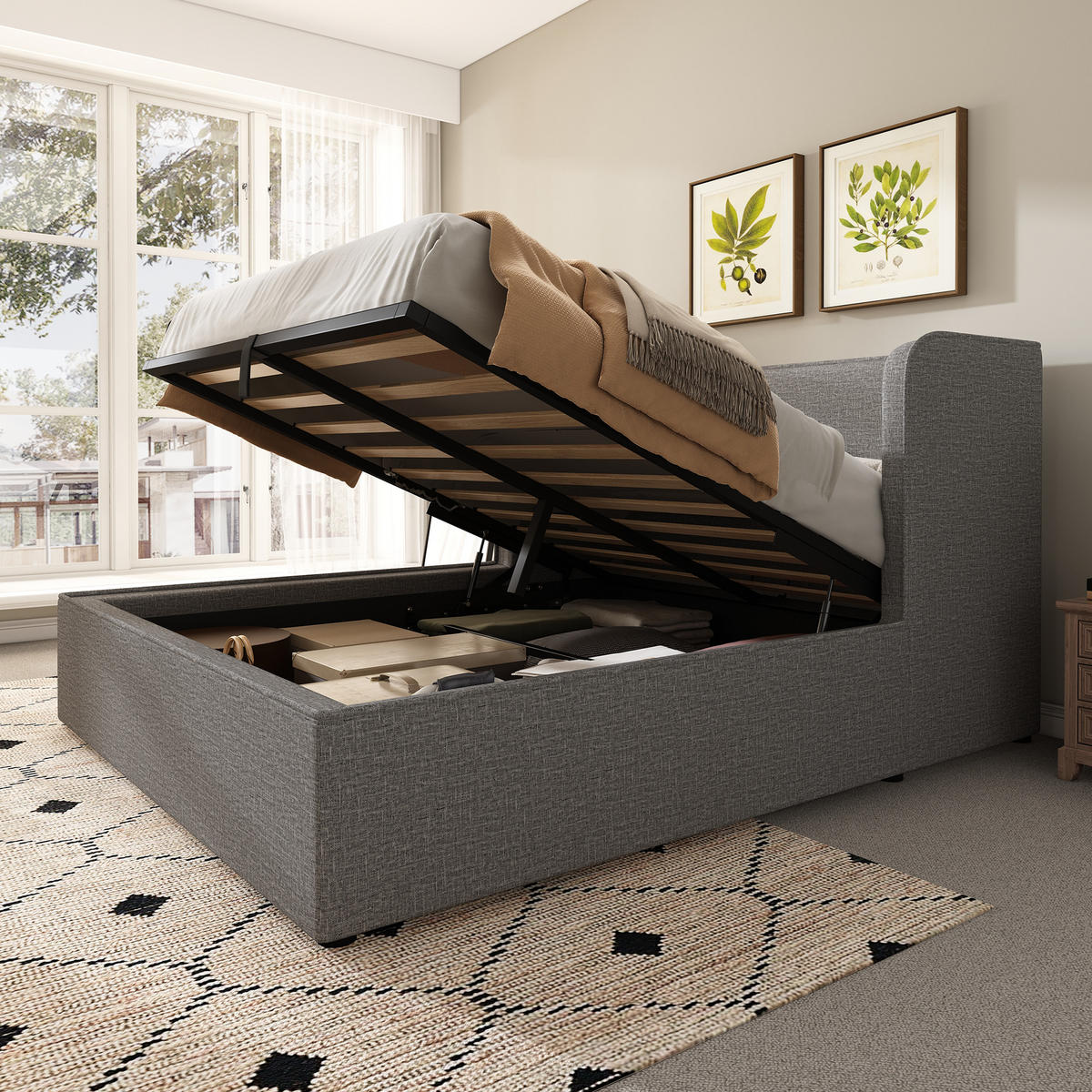 POLSTERBETT 160x200cm Doppelbett Hydraulik-Stauraum Leinen Bezug Grau - Grau, Holz - FLIEKS