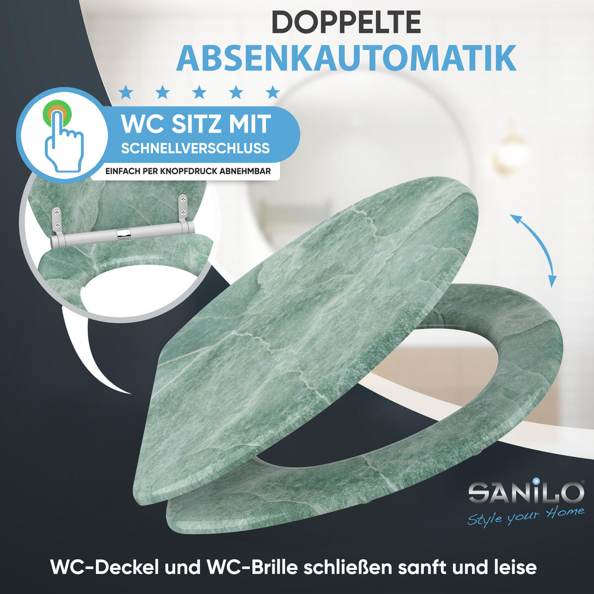 WC-SITZ mit Absenkautomatik & Top Fix Marmor Grün - Grün, Holzwerkstoff (37.7/5.5/48cm) - Sanilo
