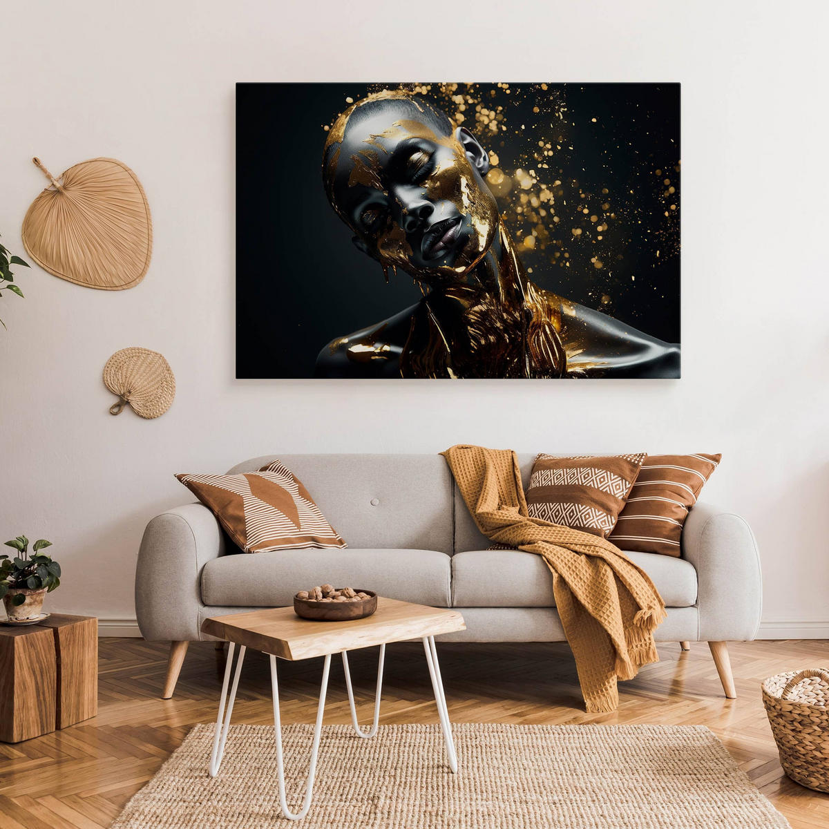 LEINWANDBILD für Wohnzimmer abstraktes Porträt Frau Glamour 100cm x 70cm - Beige/Schwarz, Textil (100/70cm) - Muralo