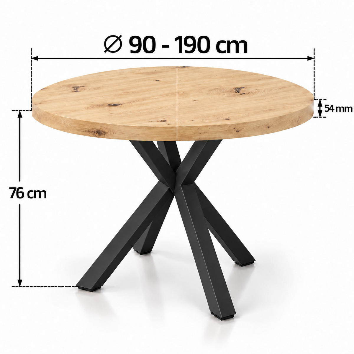 ESSTISCH rund ausziehbar 90/190/76 cm, Artisan Eiche, 54 cm Tischplatte + X Metallbeine Schwarz - Schwarz/Eiche Artisan, Holzwerkstoff/Metall (90/190/76cm) - Damale Möbel