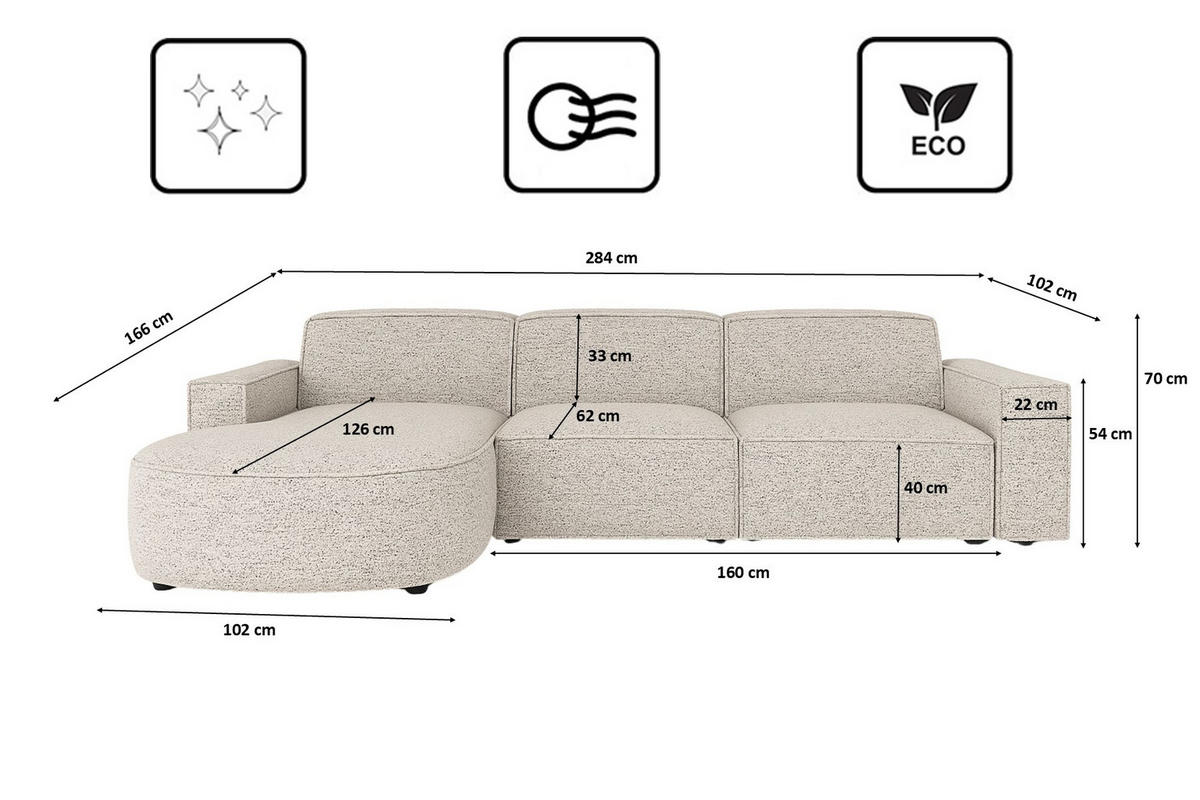 ECKSOFA Cursal Round L-Form, Stoff Artico, Beige, Links - Beige, Holz (284/166cm) - Kaiser Möbel