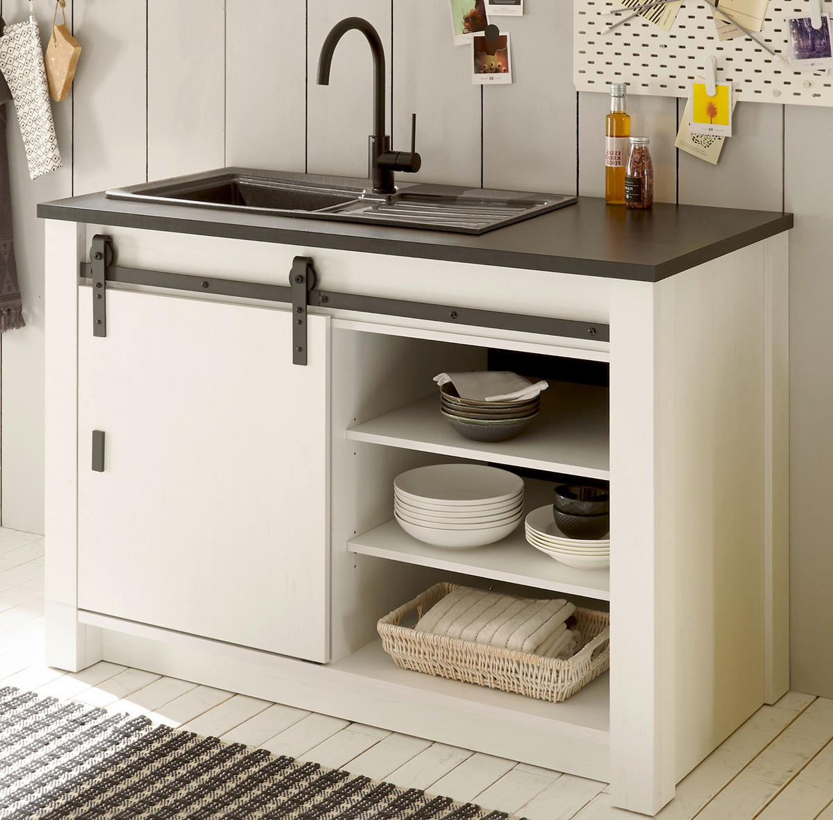 KÜCHEN-SET weiß Pinie, anthrazit 4-teilig 264 cm, Küchenschrank Set im Landhaus-Stil - Anthrazit/Schwarz, Holzwerkstoff/Metall (264/200/64cm) - Furn.Design