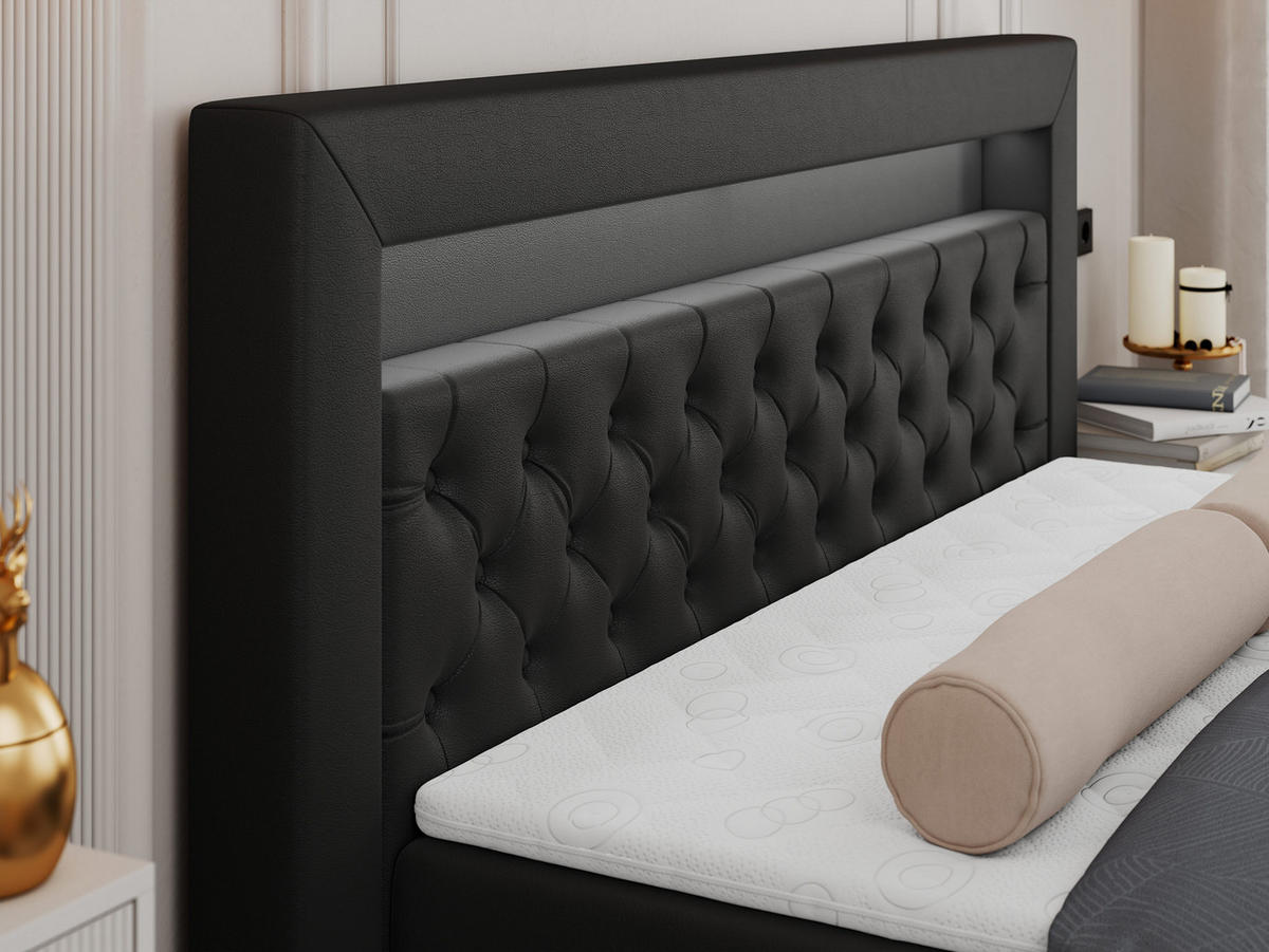 BOXBETT GOLD-6 LED 160/200 Schwarz Kunstleder - H3 - Schwarz, Holz/Textil (160/200cm) - MKS