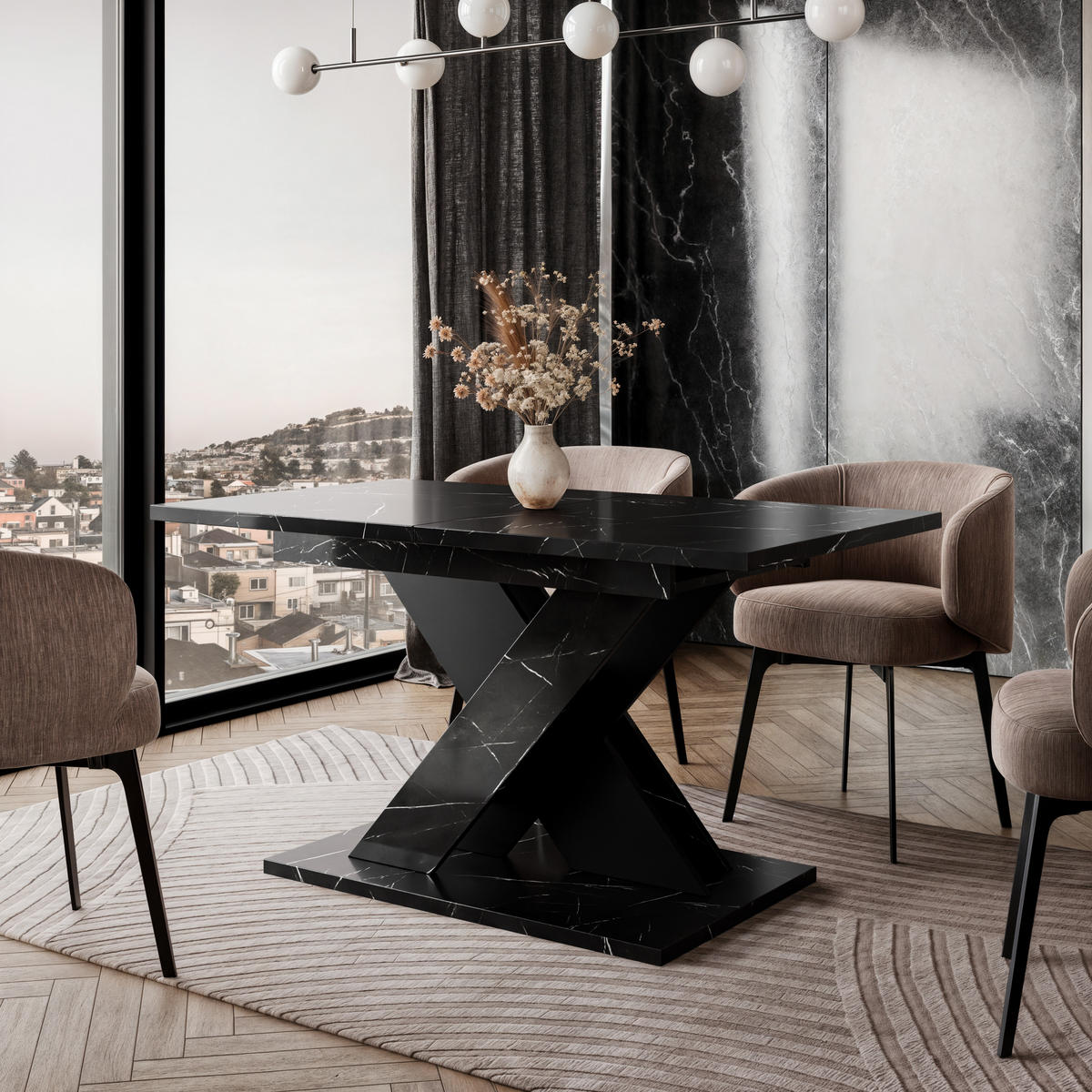ESSTISCH Ausziehbar von 120 bis 160 cm in Schwarzen Marmor-Optik - Schwarz Hochglanz, Holzwerkstoff (80/160/75cm) - Home Collective