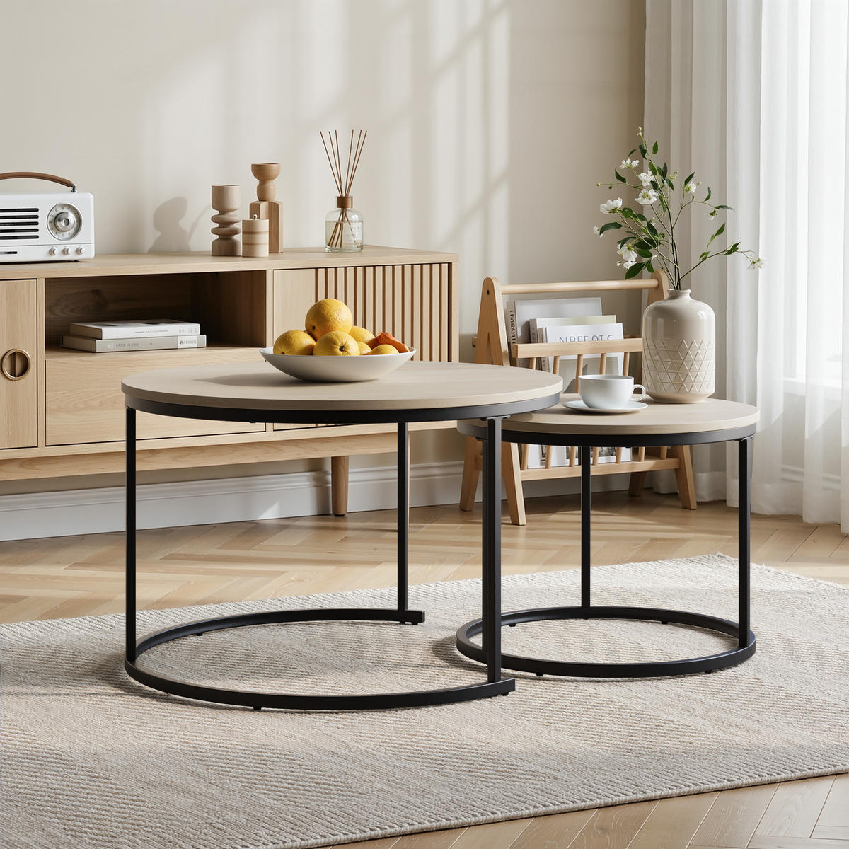 COUCHTISCH-SET 2-teilig rund mit Metallgestell, Eiche - Eichefarben, Metall (70/70/45cm)