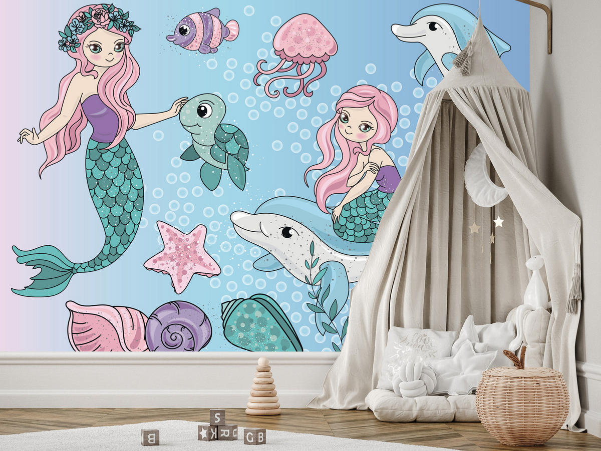 FOTOTAPETE für Kinderzimmer Meerjungfrauen Delfine Fische Muscheln Qualle Schildkröte 300x210 - Multicolor, Papier (300/210cm) - Muralo