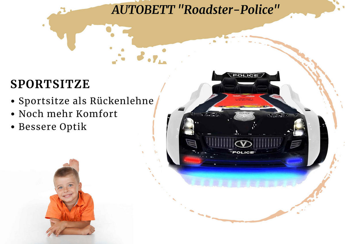 AUTOBETT Roadster Police Kinderbett LED Sound Sportsitze Lattenrost Spoiler - Schwarz/Weiß, Holzwerkstoff/Kunststoff (90/190cm) - Aileenstore