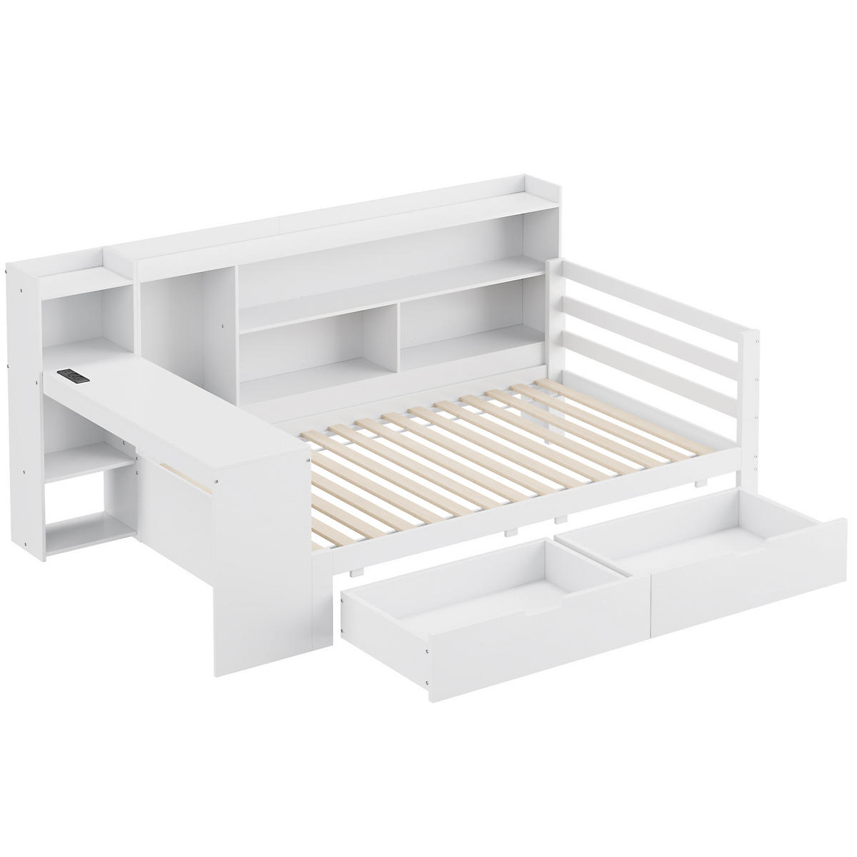 MULTIFUNKTIONSBETT 90/200 cm weiß aus Massivholz mit Schreibtisch und Steckdose - Weiß, Holzwerkstoff (90/200cm) - OKWISH