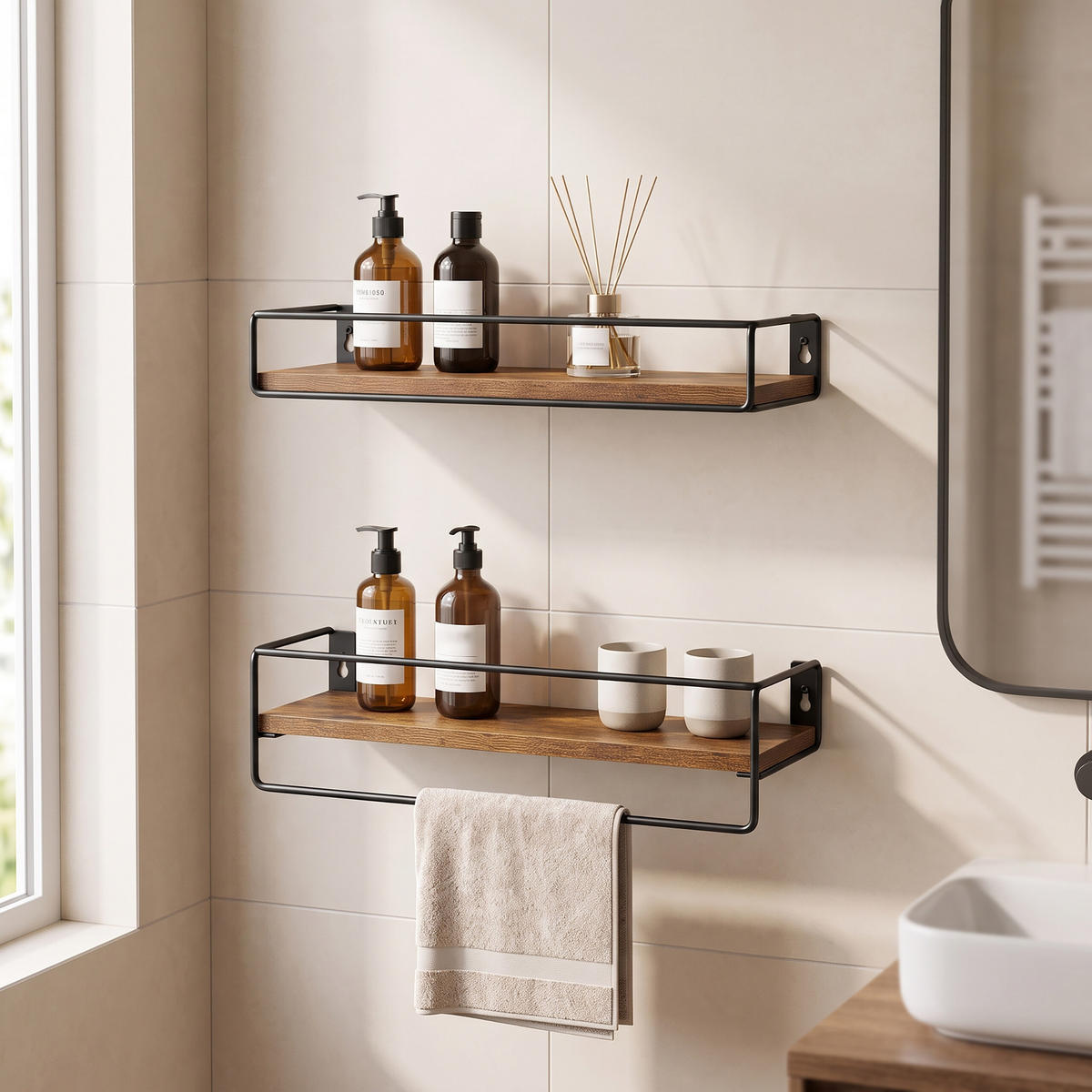 WANDREGAL Vintagebraun 2er-Set mit Metallstange - Braun, Holzwerkstoff/Metall (40/9/15.5cm) - Relaxdays
