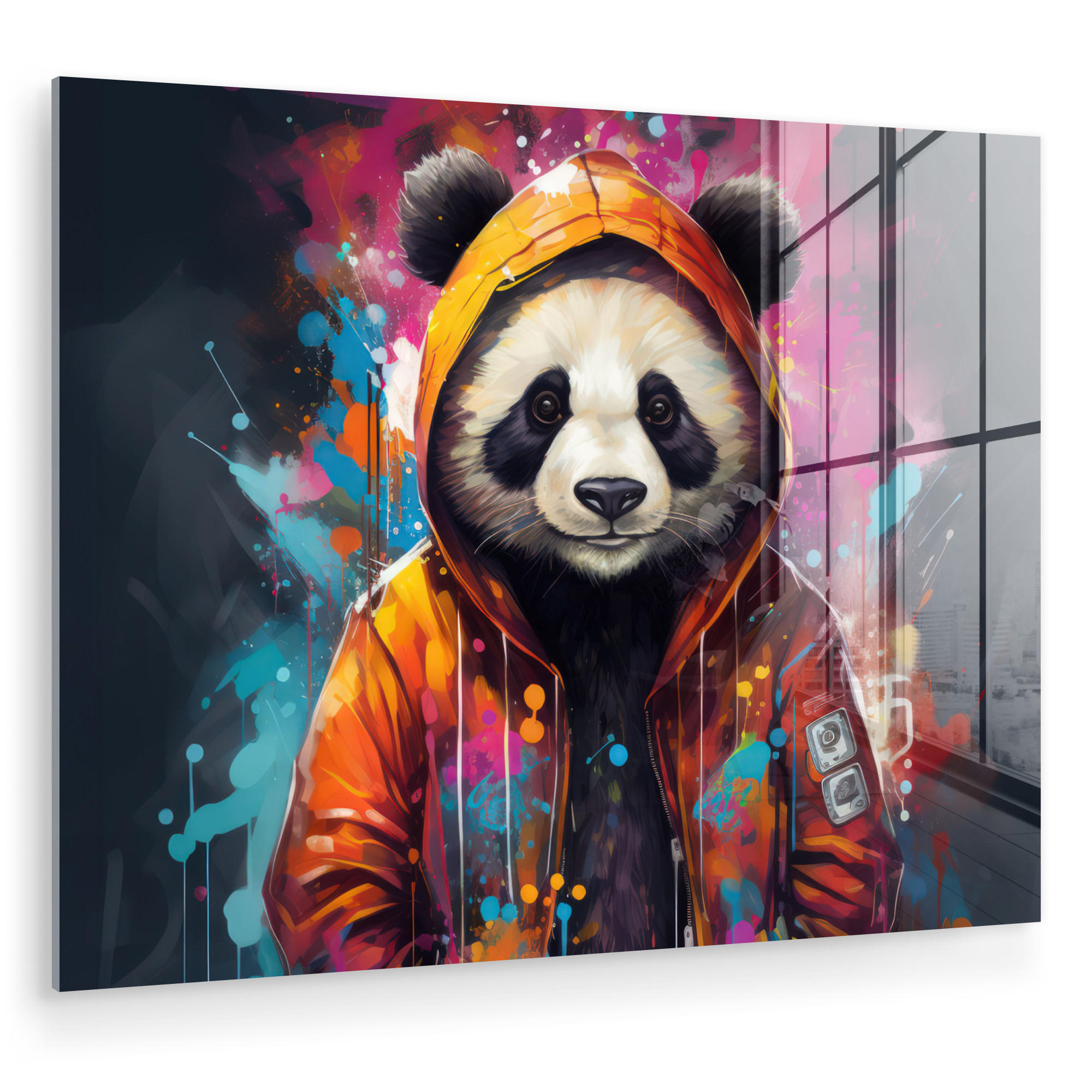 ACRYLGLASBILD Panda - Jacke - Graffiti - Orange 80x60 cm - Orange, Glas (80/60cm) - MuchoWow