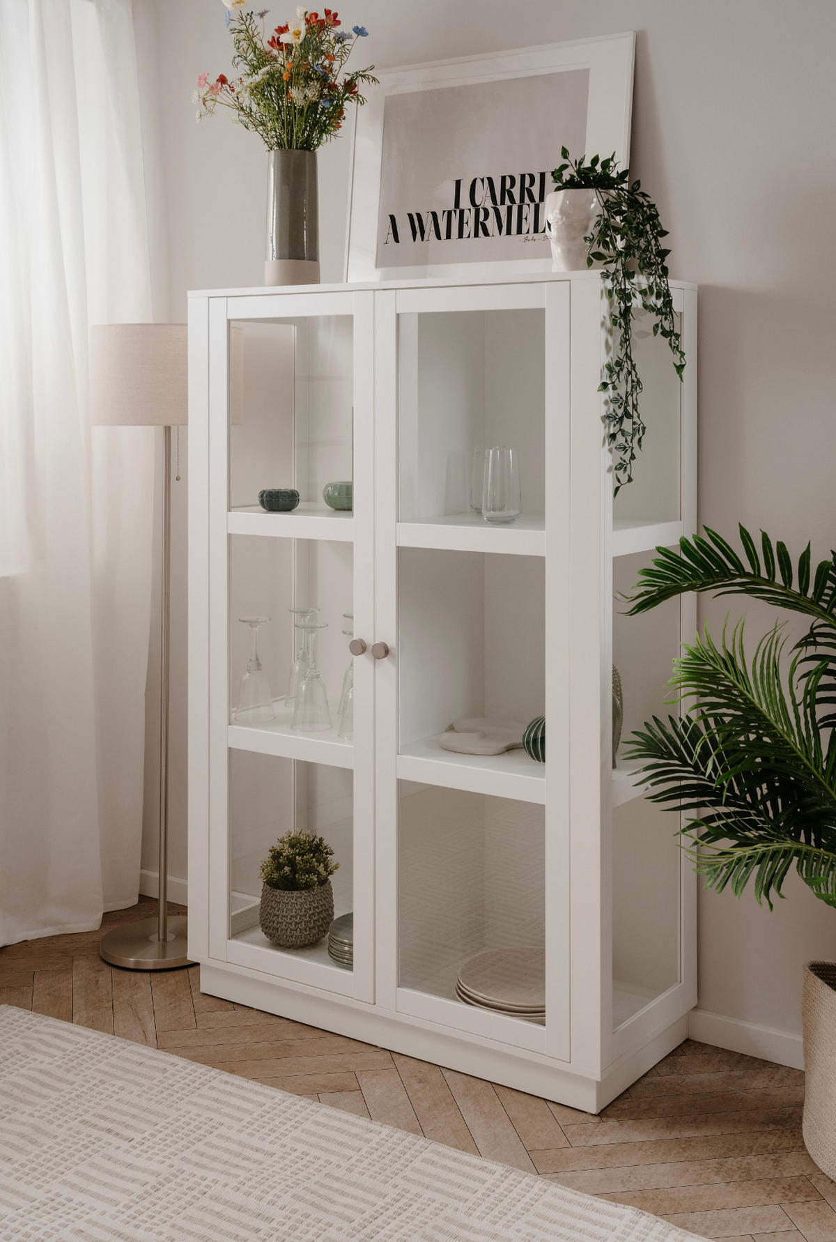 VITRINE weiß, 100 x 150 cm, Highboard mit 6 Fächern - Alufarben/Schwarz, Glas/Holzwerkstoff (56/150/40cm) - Furn.Design