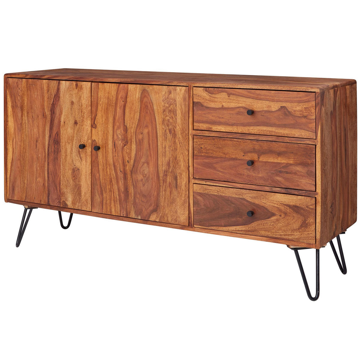 SIDEBOARD – Massivholz, 145x75x40 cm, 3 Schubladen, 2 Türen, Landhausstil, Haarnadelbeine - Schwarz/Braun, Holz/Metall (145/75/40cm) - KADIMA DESIGN