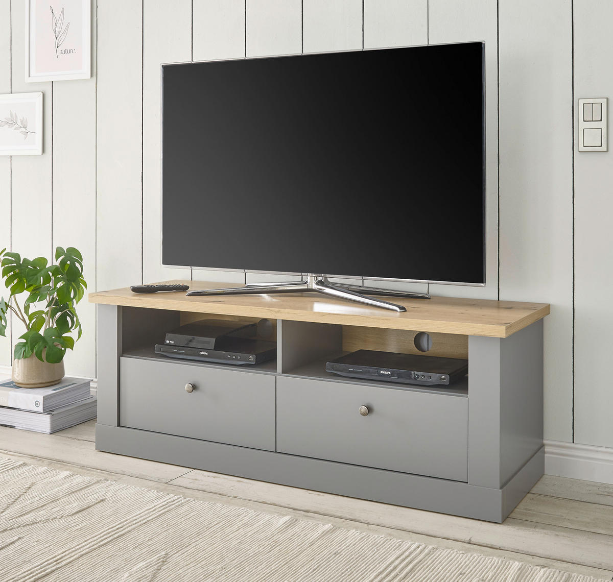 TV-LOWBOARD grau, Artisan Eiche Landhaus 132 cm, TV Unterteil mit Schubladen - Silberfarben/Eiche Artisan, Holzwerkstoff/Metall (132/48/44cm) - Furn.Design