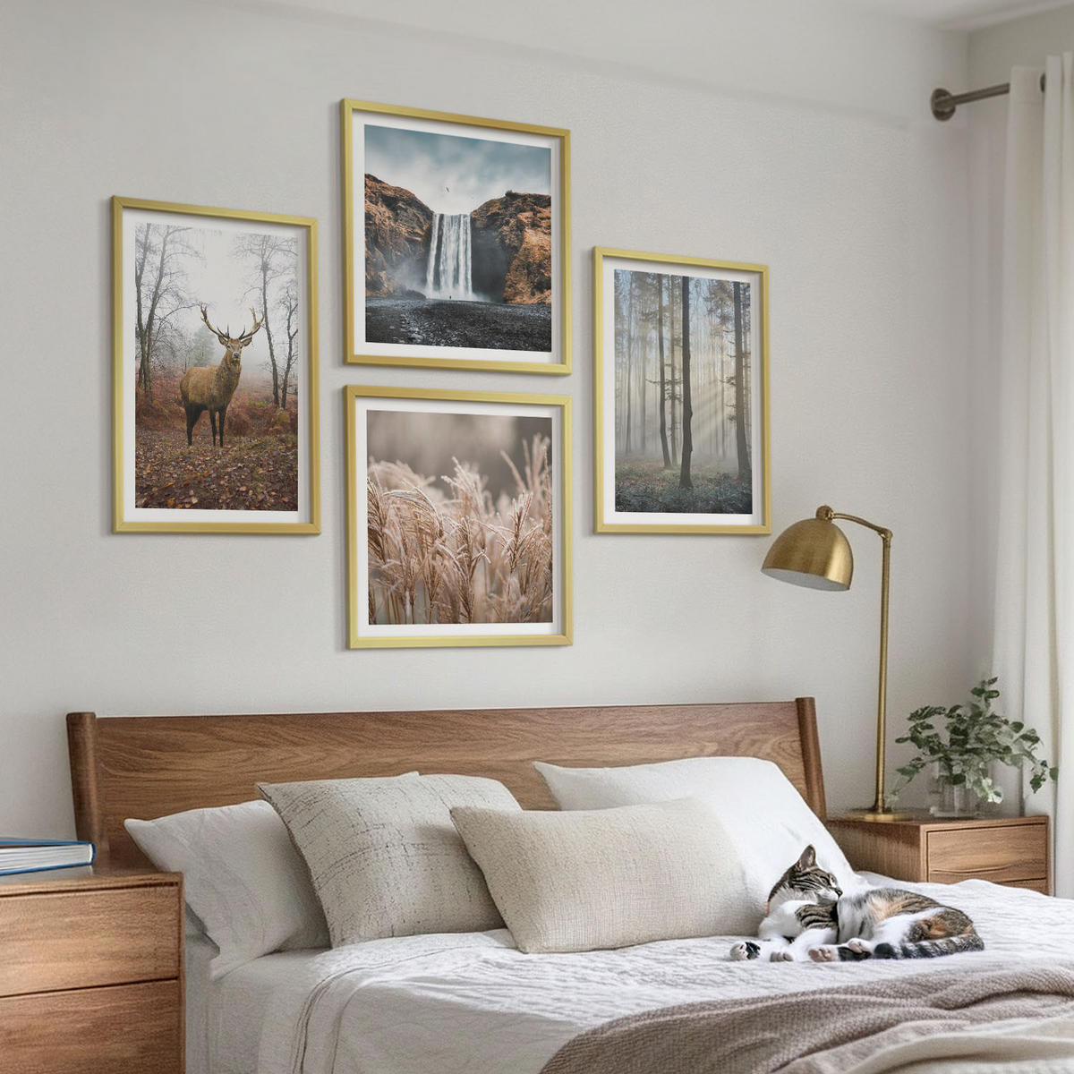 BILDER SET 4er Set - 50x50 cm & 40x60 cm Goldrahmen - Waldlandschaften der Wildnis - Goldfarben, Kunststoff (50/50cm) - TULUP