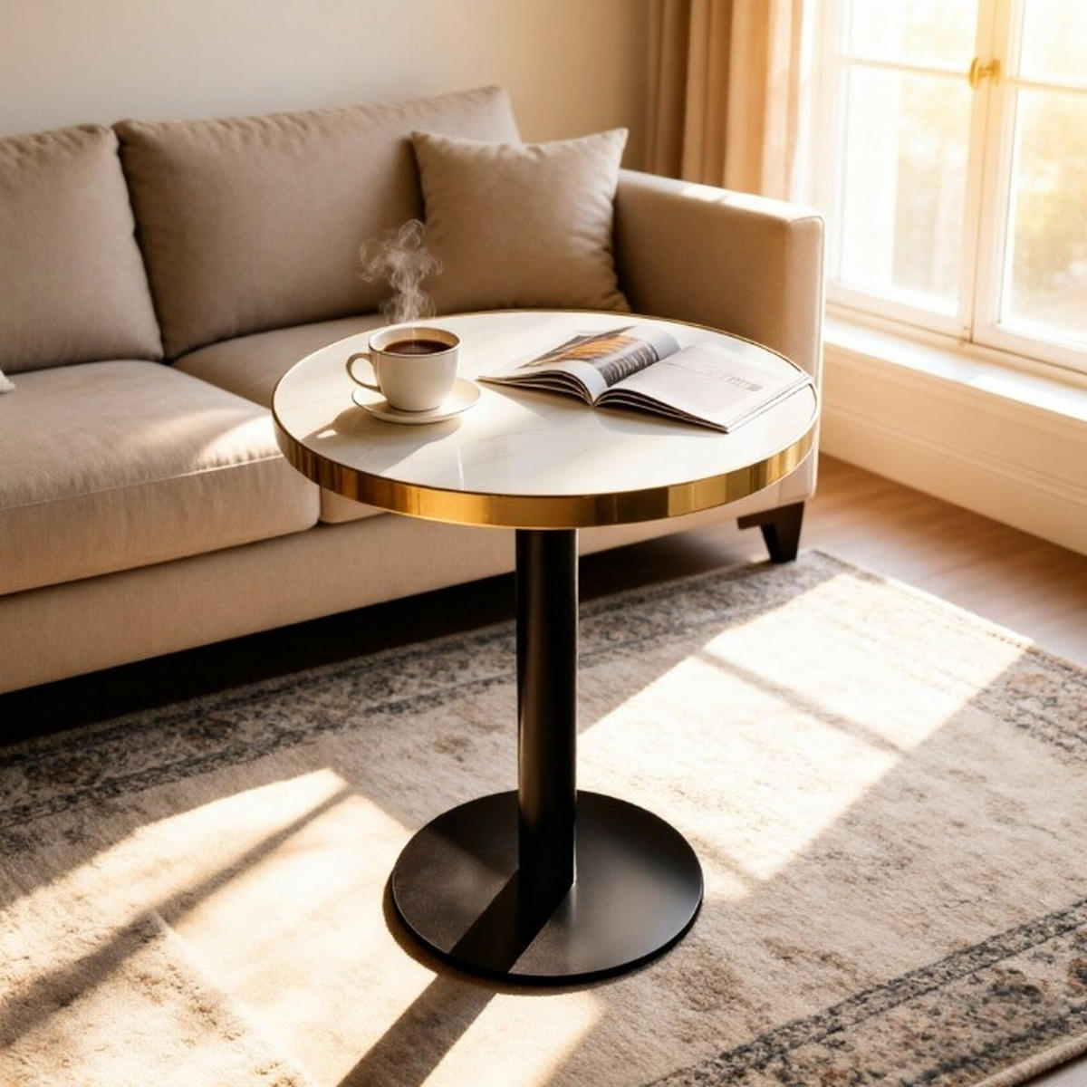 BEISTELLTISCH DE-37359 rund mit Marmoroptik und Goldrand Weiß - Weiß, Metall (60/60/74cm) - ComfortXL