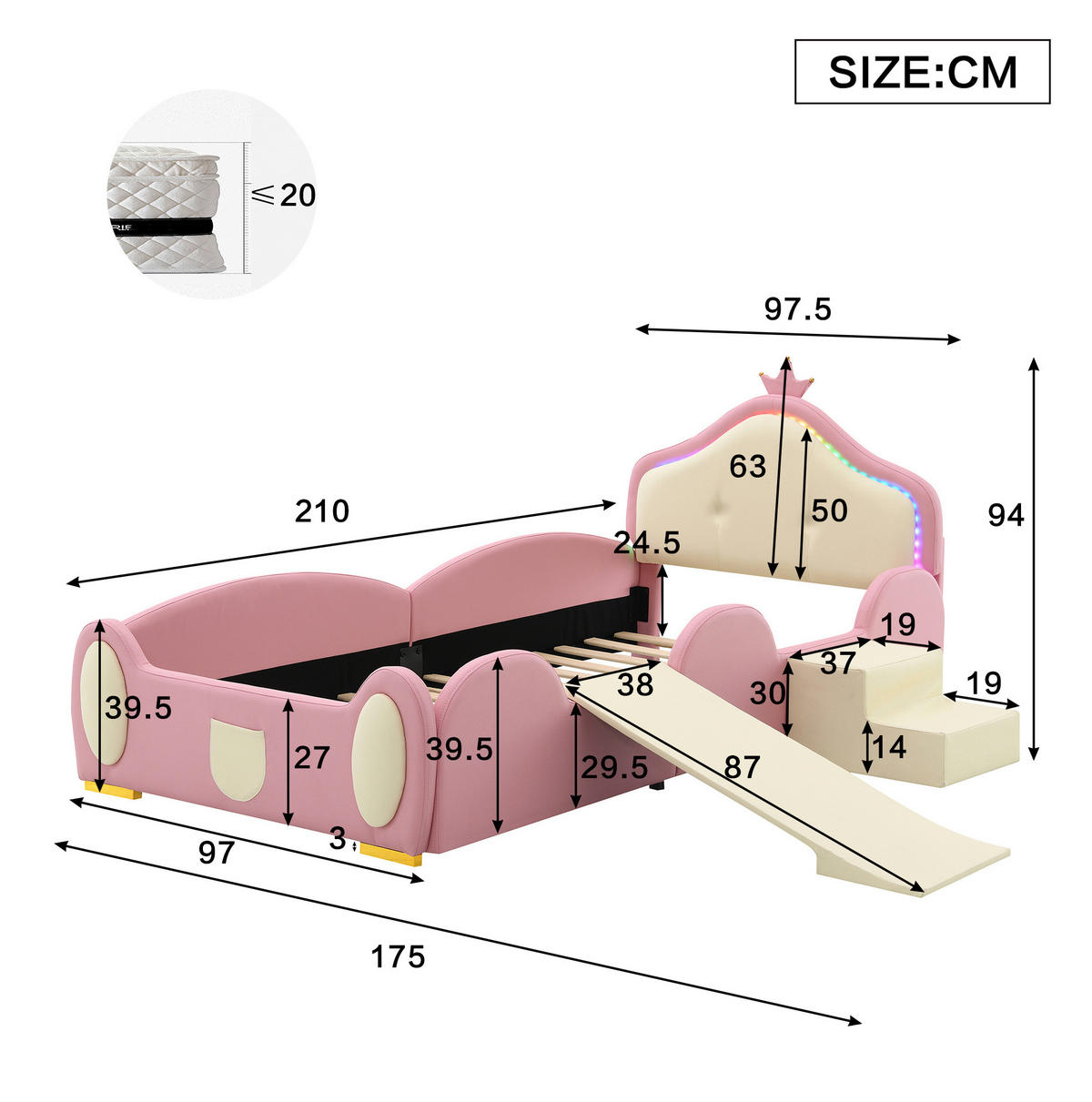 KINDERBETT 90/200 cm in Rosa/Beige mit LED-Beleuchtung, Rutsche und Treppe - Rosa, Kunststoff (90/200cm) - Flora Grace