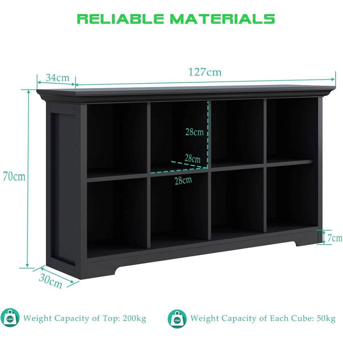 BÜCHERREGAL mit Sockel 8 Fächer Schwarz 127 x 70 cm - Schwarz, Holzwerkstoff (127/70/34cm)