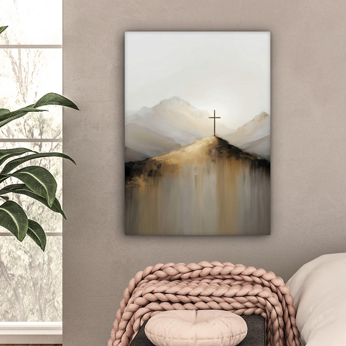 LEINWANDBILD Hügel - Abstrakt - Kreuz - Christentum Wandbild Wohnzimmer 60x80 cm - Beige, Textil (60/80cm) - MuchoWow