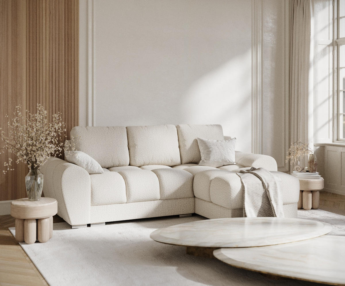 ECKSOFA MIT SCHLAFFUNKTION Peebles Creme Chenille-Stoff - Chromfarben/Creme, Holz/Holzwerkstoff (256/175cm) - Maison de Reve