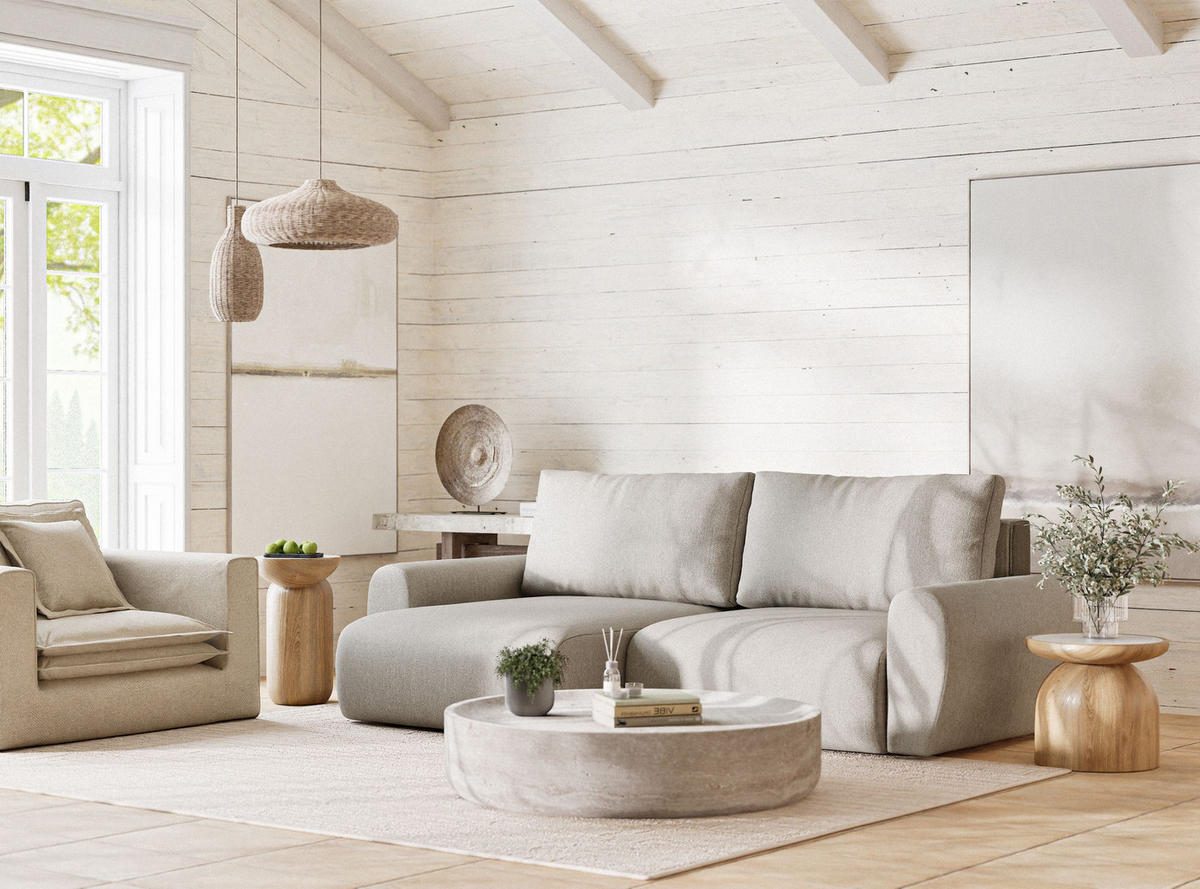 ECKSOFA MIT SCHLAFFUNKTION Numba Beige Webstoff - Beige/Schwarz, Holz/Holzwerkstoff (253/153cm) - Maison de Reve