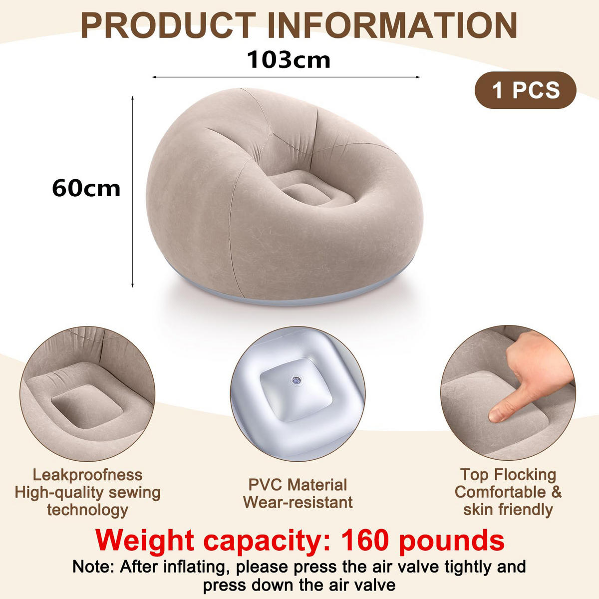 SITZSACK für Erwachsene, aufblasbar, faltbar und tragbar kaffeefarben - Currygelb, Kunststoff (103/60/103cm) - Kaket