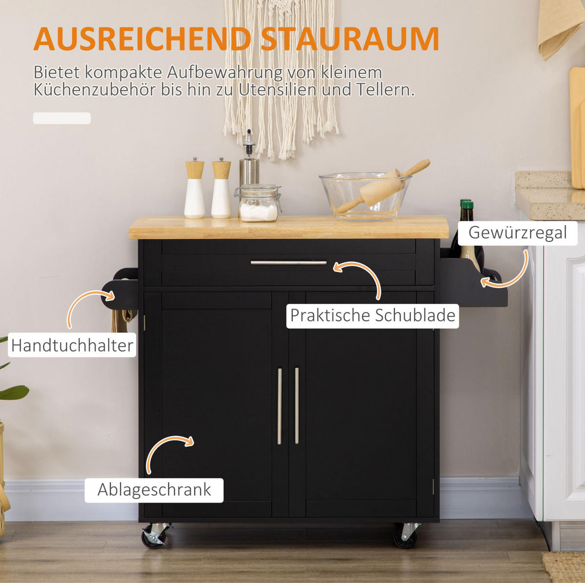 KÜCHENWAGEN 109/40/89 cm in Schwarz mit Schublade und Gewürzregal - Schwarz, Holz (109/89/40cm) - Flora Grace