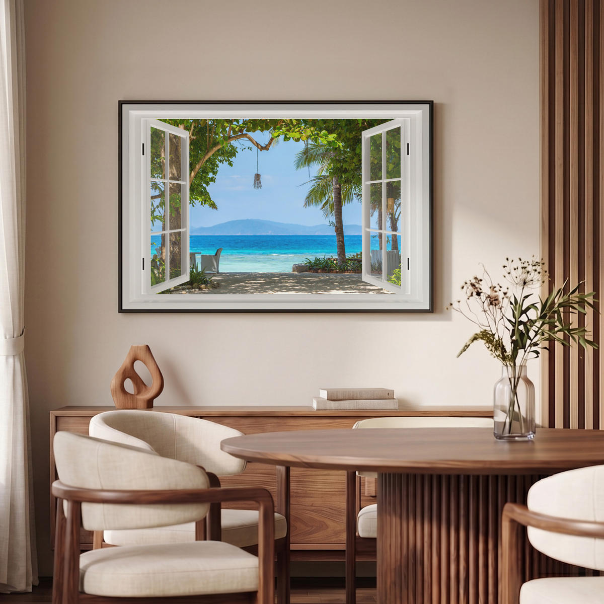 LEINWAND Bilder mit Rahmen - Aussicht - Baum - Meer - Palme - Hügel - Strand - Blau - 90x60 - Blau, Textil (90/60cm) - MuchoWow