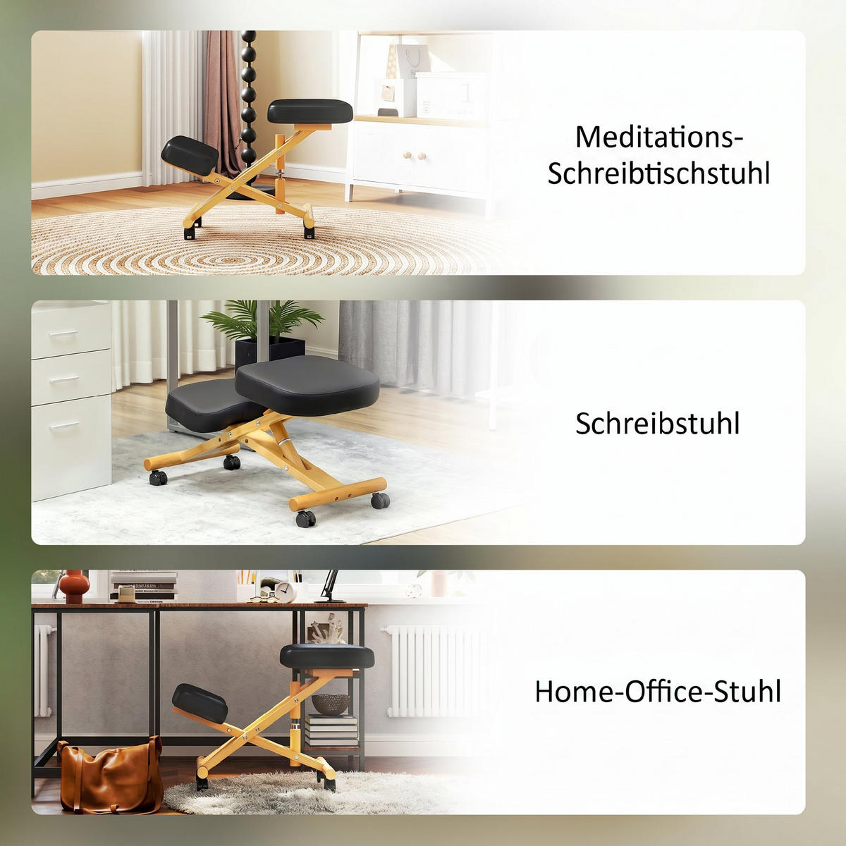 KNIESTUHL Kunstleder, Gummibaumholz Schwarz - Schwarz, Holz (42/47/70cm) - HOMCOM