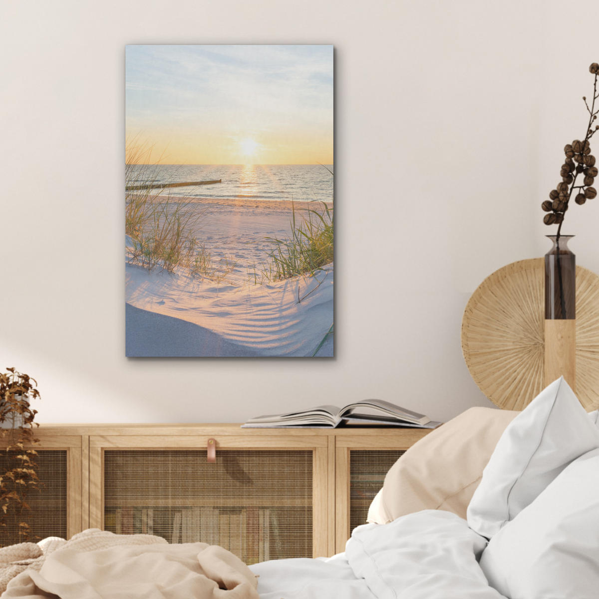 AKUSTIKBILD Strand - Sonne - Düne - Gras - Sand - Horizont Kunstdruck Schlafzimmer 50x70 cm - Hellblau, Kunststoff (50/70/0.9cm) - MuchoWow
