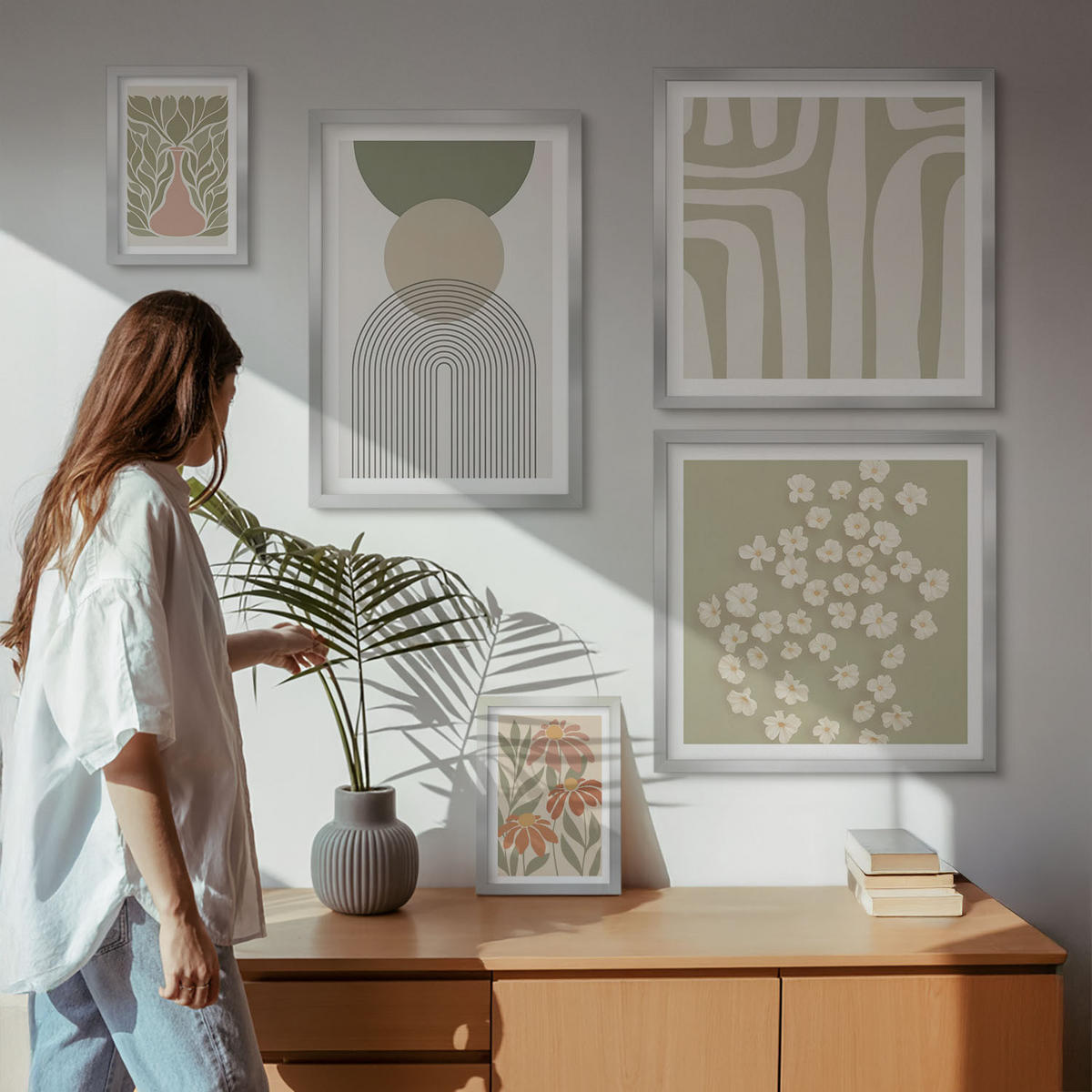BILDER SET 5er Set - 50x50 cm & 20x30 cm & 40x60 cm Silberner Rahmen - Floraler minimalistischer Boho-Stil - Silberfarben, Kunststoff (40/60cm) - TULUP