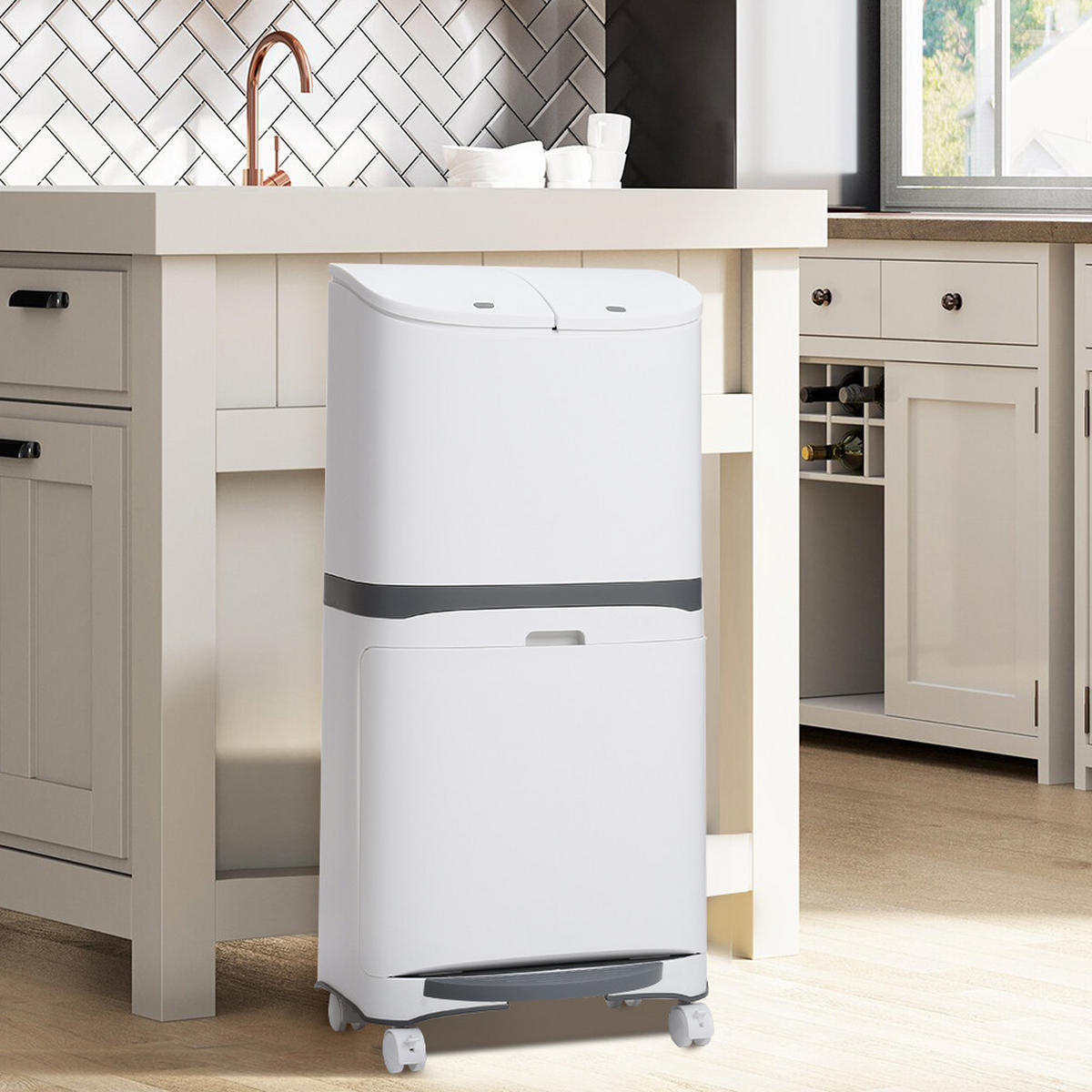 MÜLLEIMER 48L Mülltrennung 2-Stufig Pedal Rollen Kunststoff Weiß - Weiß, Kunststoff (36/79/20cm) - Livingandhome