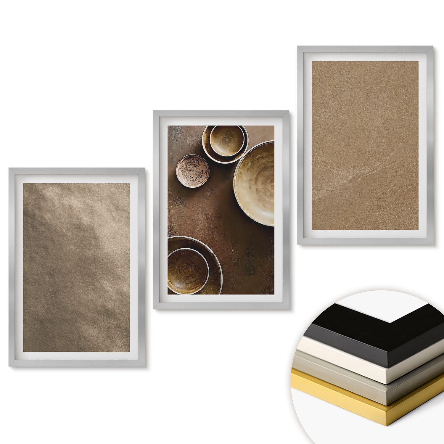 WANDBILDER 3er Set - 40x60 cm Silberner Rahmen - Minimalistische Steinstrukturen - Silberfarben, Kunststoff (40/60cm) - ArtPrintCave
