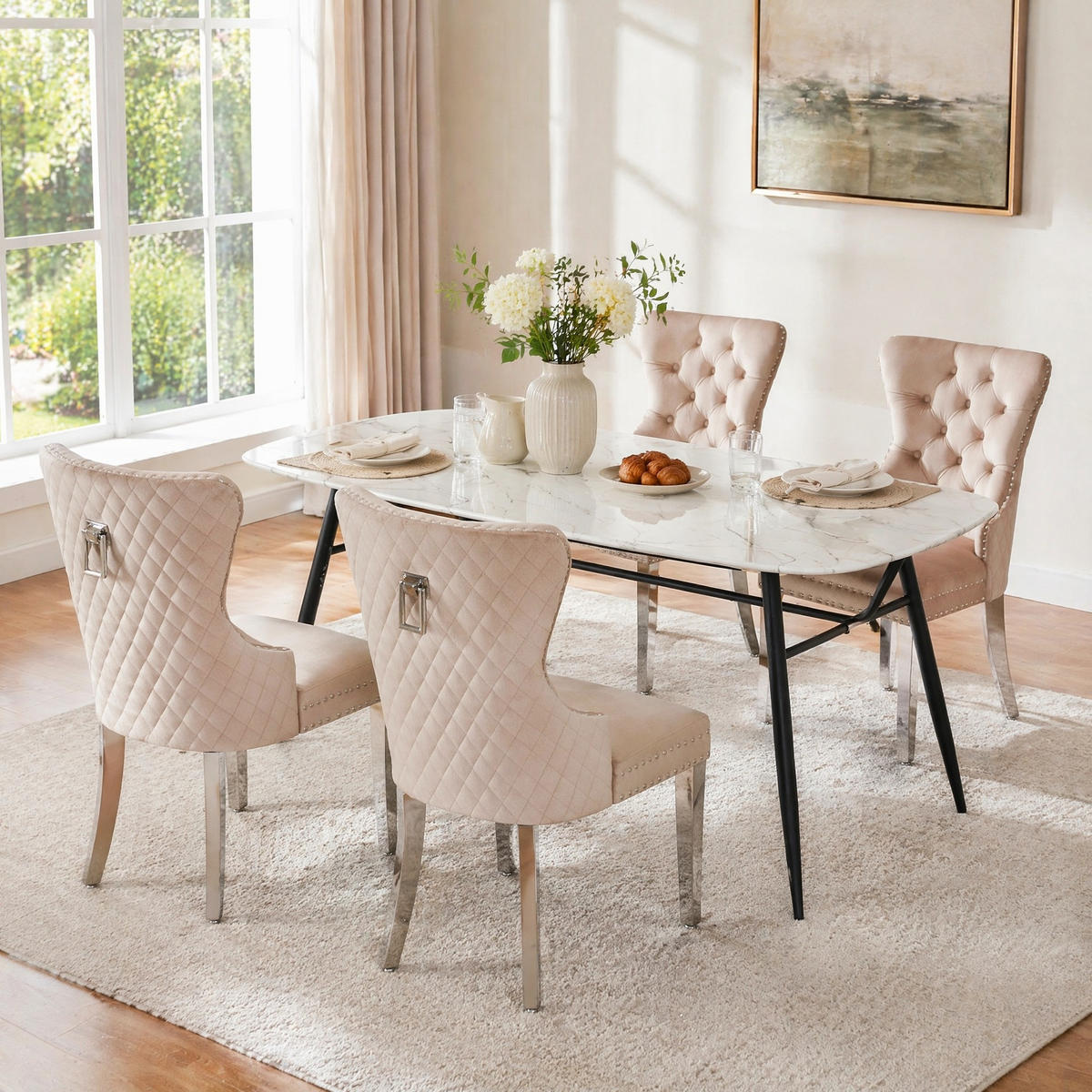 WOHNZIMMER STÜHLE mit Samtbezug, Nagelkopfbesatz und Metallbeinen, Beige - Beige, Textil (53/94.5/62.5cm) - EVRYAE