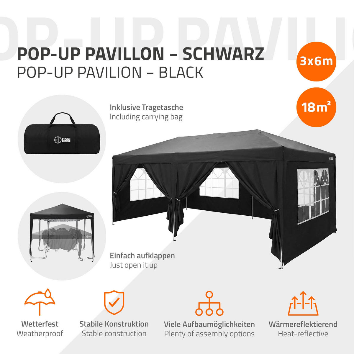 POP UP PAVILON 3x6 m černý skládací pavilon, vodotěsný, stabilní, se 6 bočními stěnami - černá, textil (600/260/300cm) - ECD-Germany