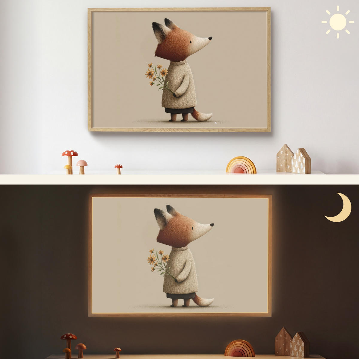 NÁSTĚNNÁ LAMPA S AKUMULÁTOREM Liška - Žluté květy - Minimalistický 100x70 cm - šedohnědá, kompozitní dřevo (100/70/8cm) - OnlyWow