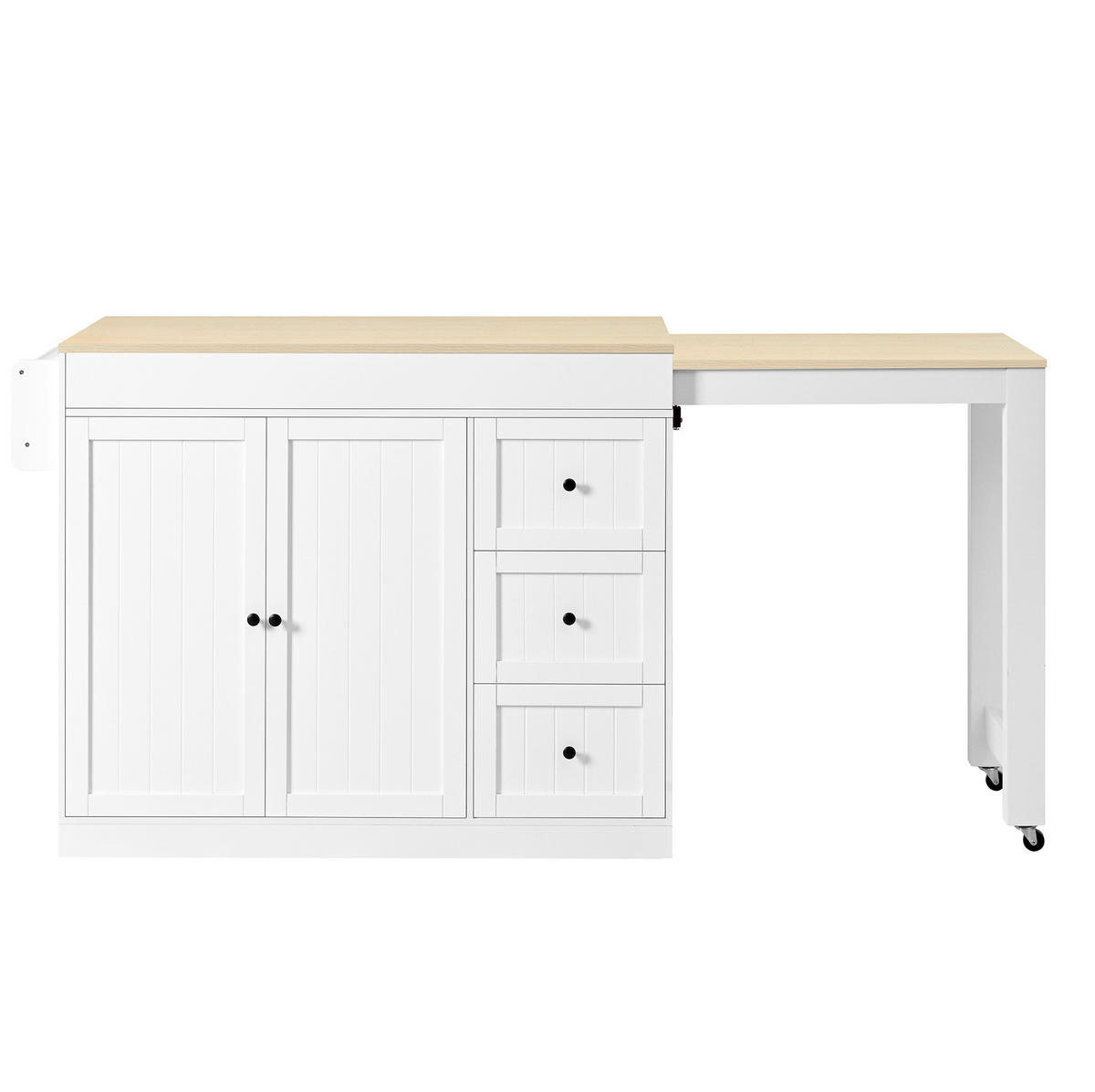 KÜCHENINSEL aus MDF und PB 112-186,8x45x93 cm Weiß mit ausziehbarer Arbeitsplatte, Rollen, Gewürzregal und 3 Schubladen - Weiß, Holzwerkstoff (130/93/45cm) - Modfu
