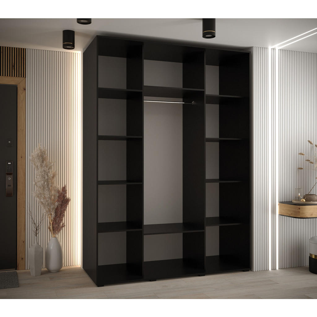 Thumbnail - Abiks Möbel Schwebetürenschrank, Schwarz, Schwarz, Silber, Metall, Nachbildung, 6 Fächer, 160x235x60 cm, Schlafzimmer, K...