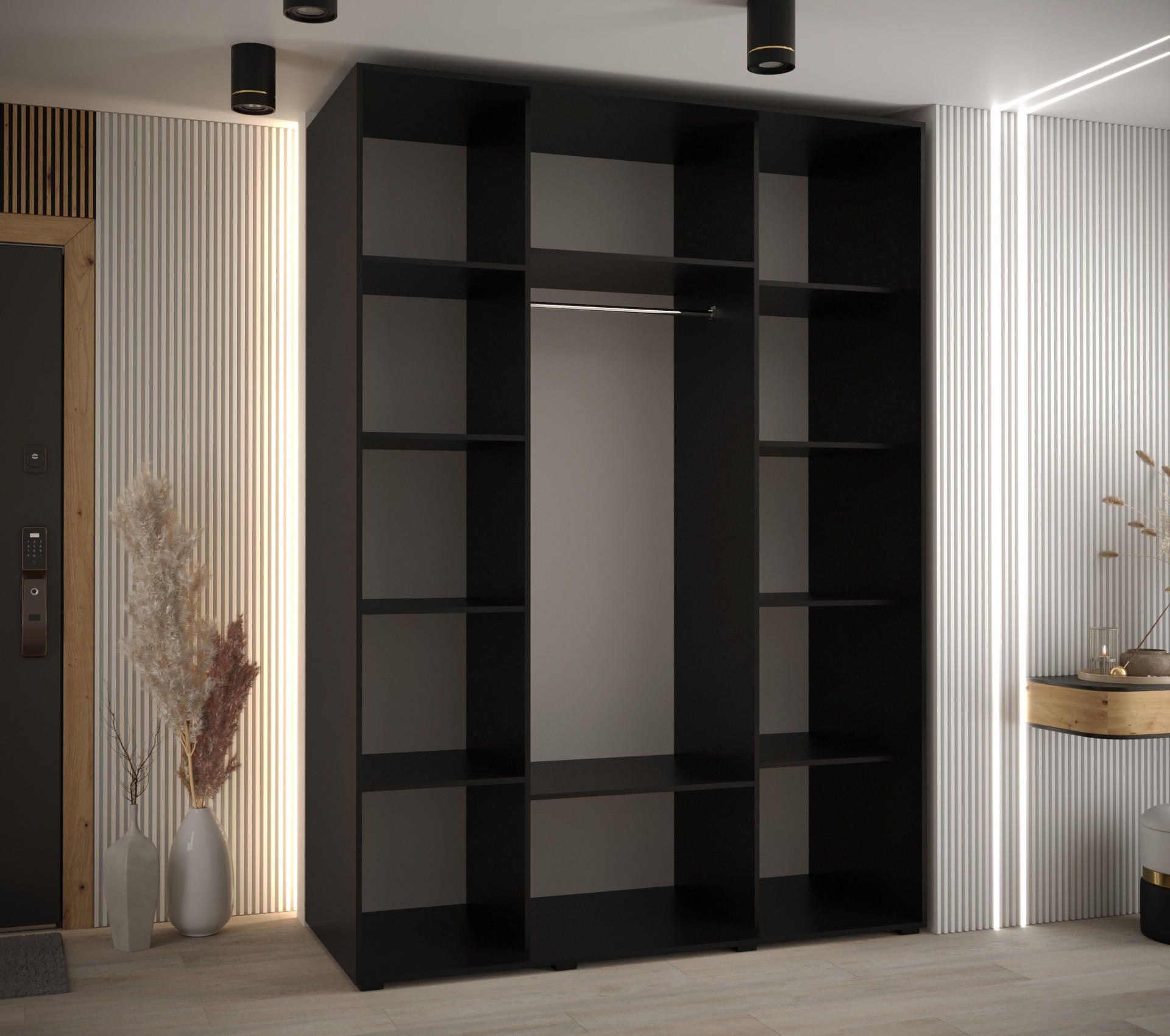 Thumbnail - Abiks Möbel Schwebetürenschrank, Schwarz, Schwarz, Silber, Metall, Nachbildung, 10 Fächer, 170x235x60 cm, Schlafzimmer, ...