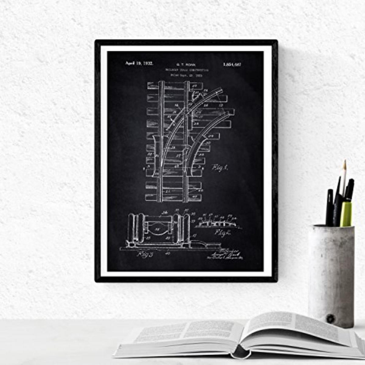 POSTER Set mit 4 Schwarz Eisenbahn Patent A4 Schwarzer Rahmen - Schwarz, Papier (29.7/3cm) - Nacnic