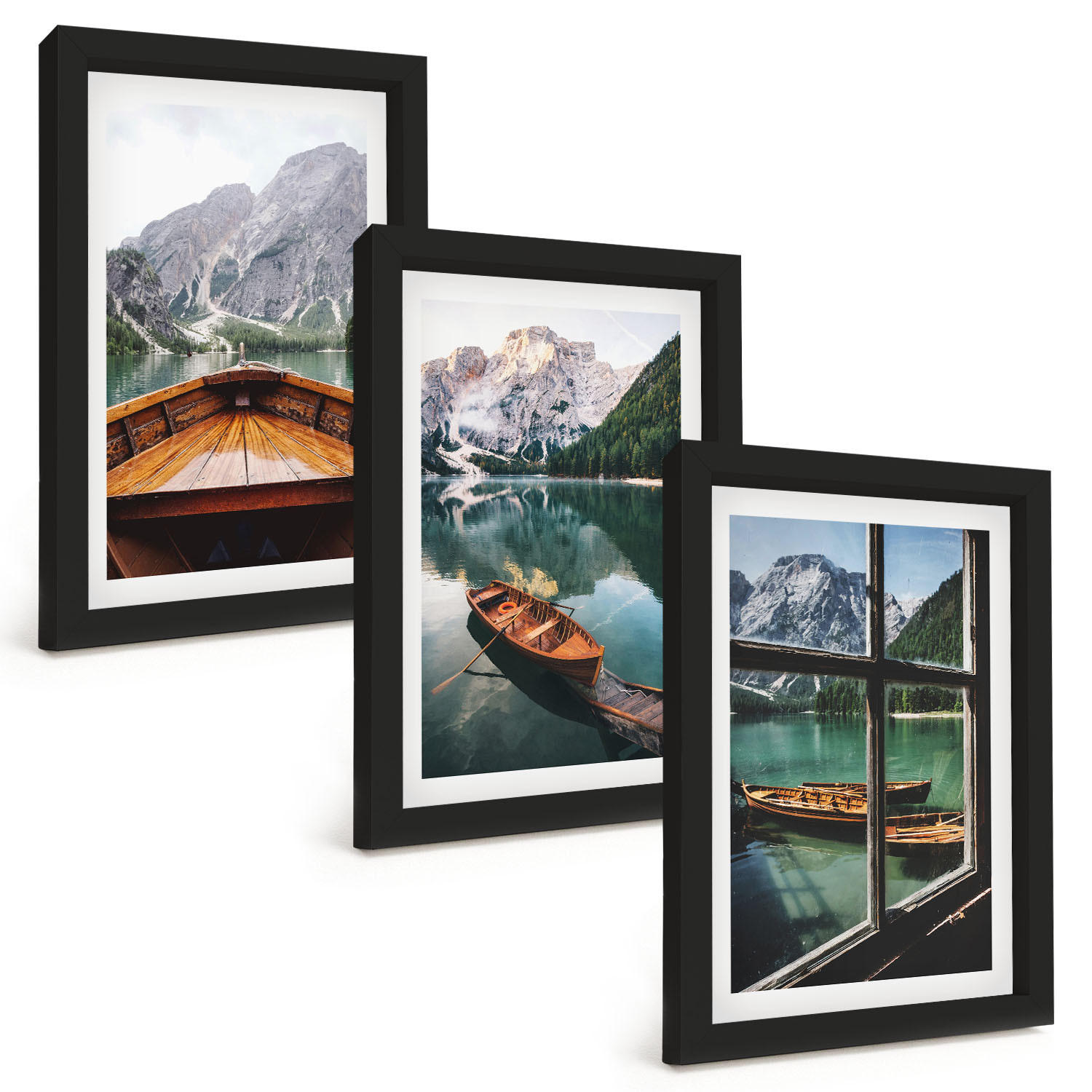 BILDER SET 3er Set - 20x30 cm Schwarzer Rahmen - Fenster für Boote auf dem Bergsee - Schwarz, Kunststoff (20/30cm) - TULUP