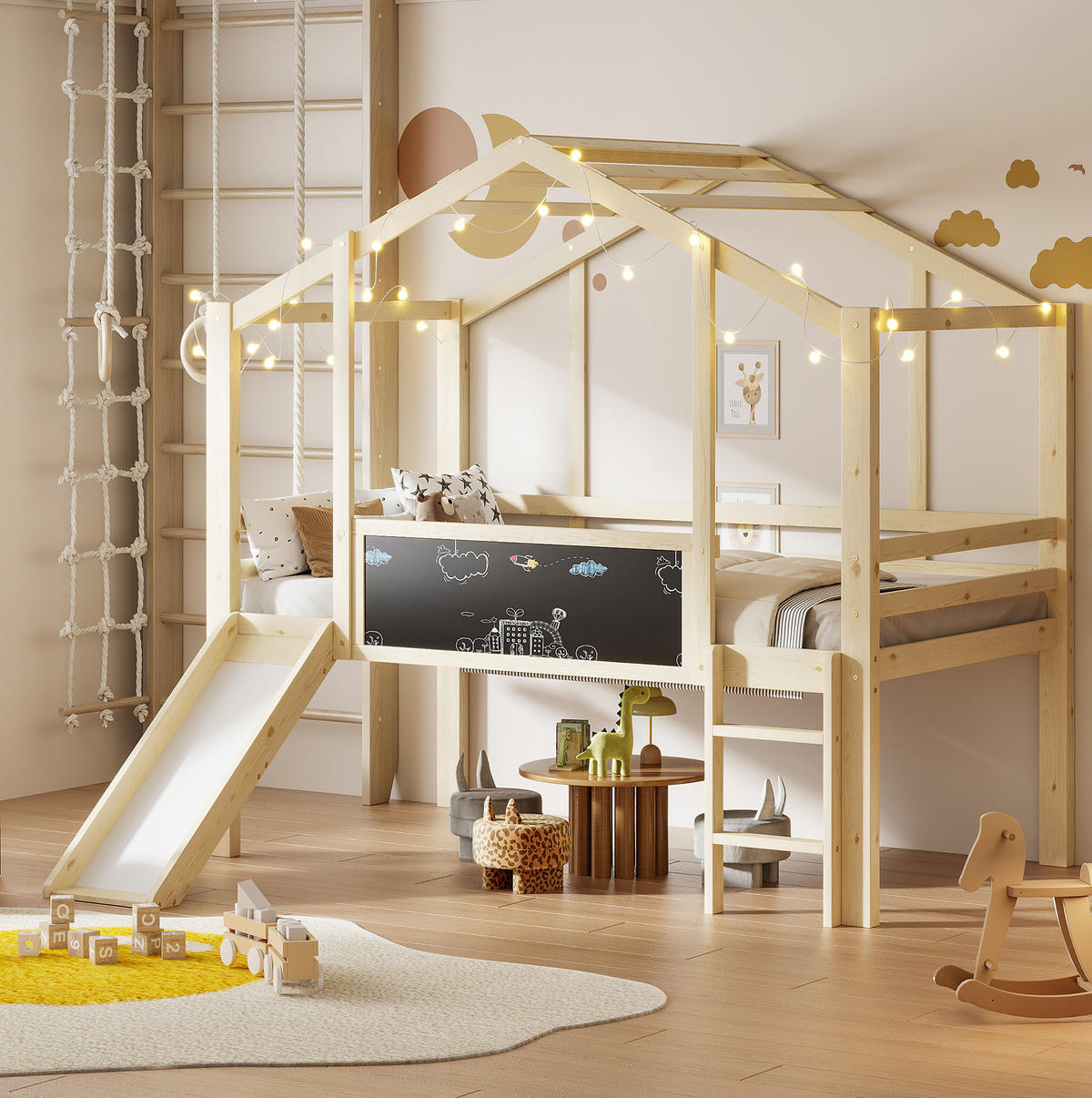 HAUSBETT 90/200 cm Natur aus Massivholz mit Rutsche und Tafel - Naturfarben, Holz (90/200cm) - OKMYHOME